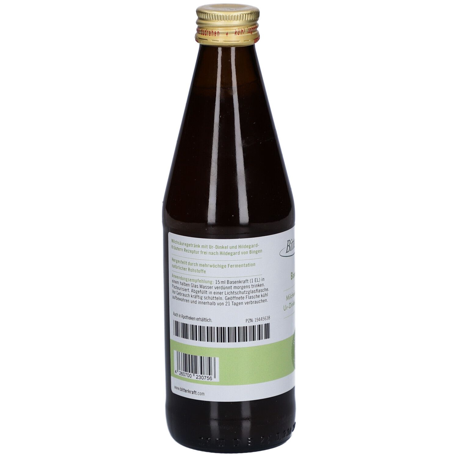 Braune Glasflasche mit goldfarbenem Deckel. Rückseite mit Text und Barcode. Aufschrift: BitterKraft! BasenKraft!