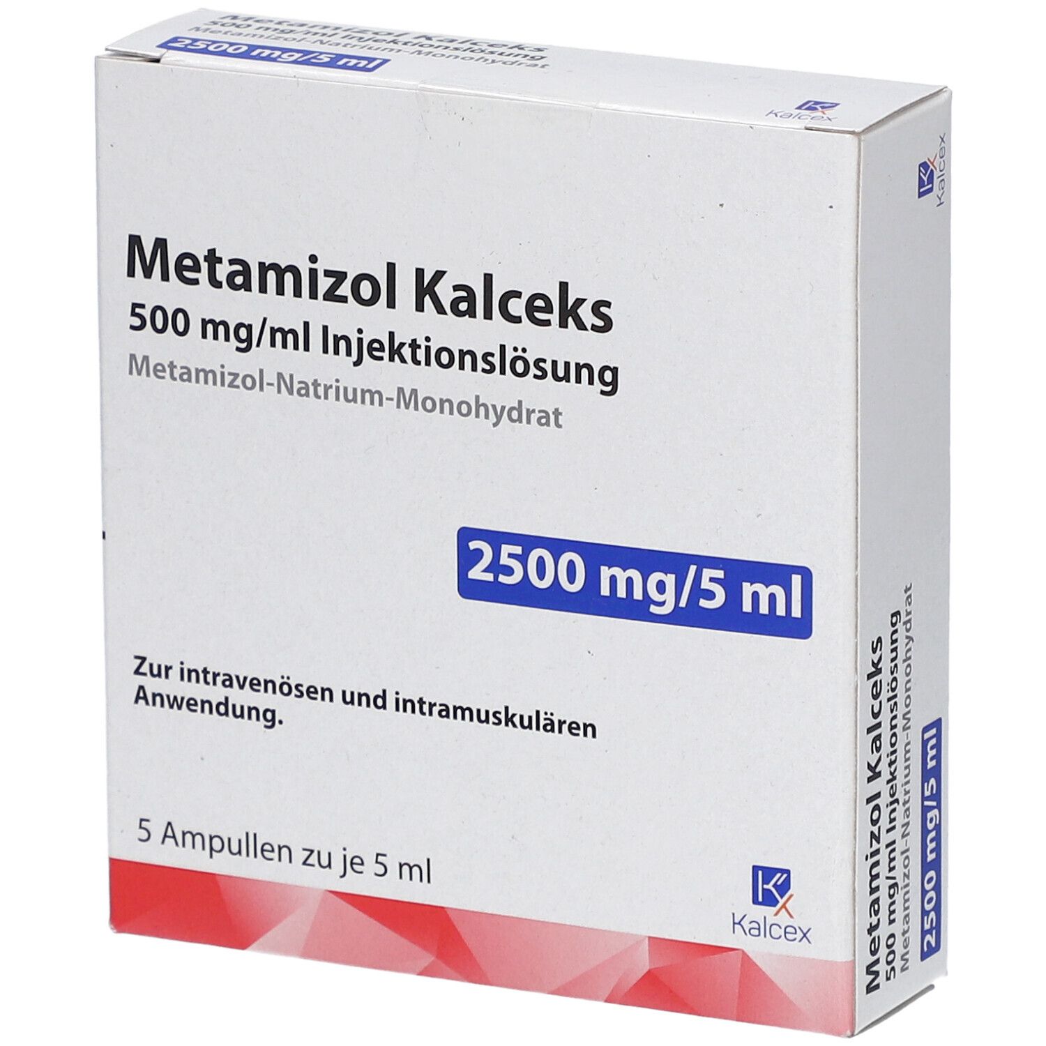 Weiße Faltschachtel mit Aufschrift Metamizol Kalceks 500 mg/ml. Enthält 5 Ampullen zu je 5 ml. Logo Kalceks.