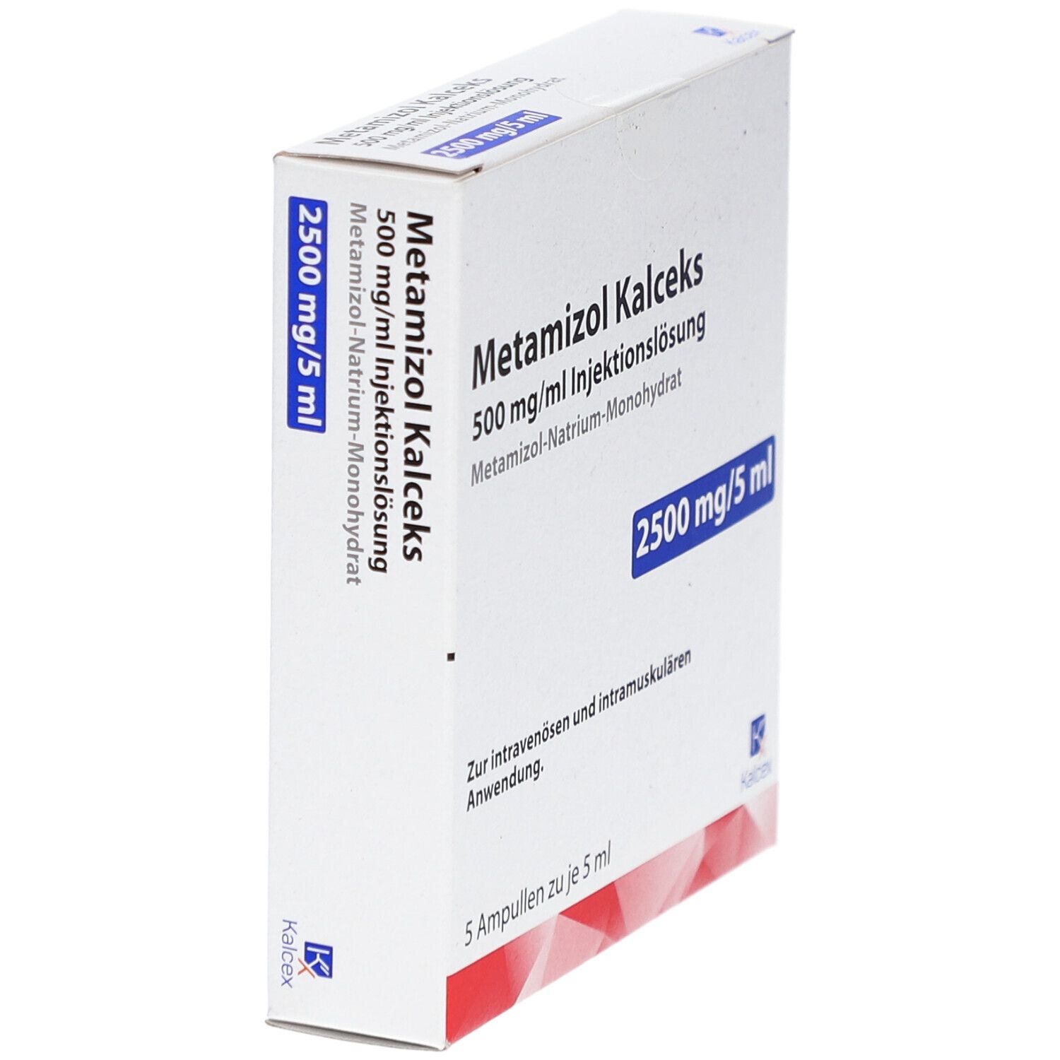 Schräg stehende weiße Faltschachtel mit Metamizol Kalceks 500 mg/ml. Enthält 5 Ampullen. Logo Kalceks.