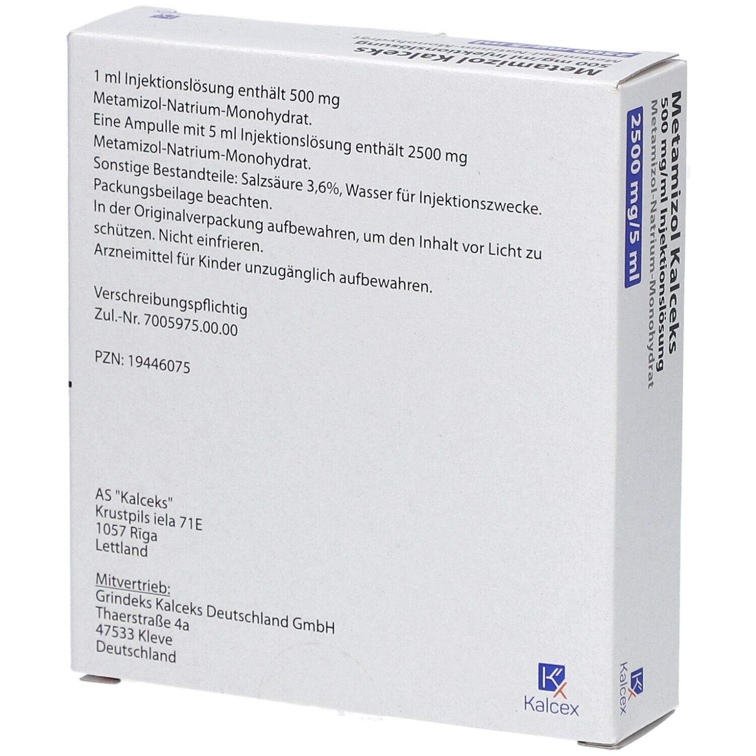 Rückseite der weißen Faltschachtel mit Informationen zu Metamizol Kalceks. Enthält 5 Ampullen. Logo Kalceks.