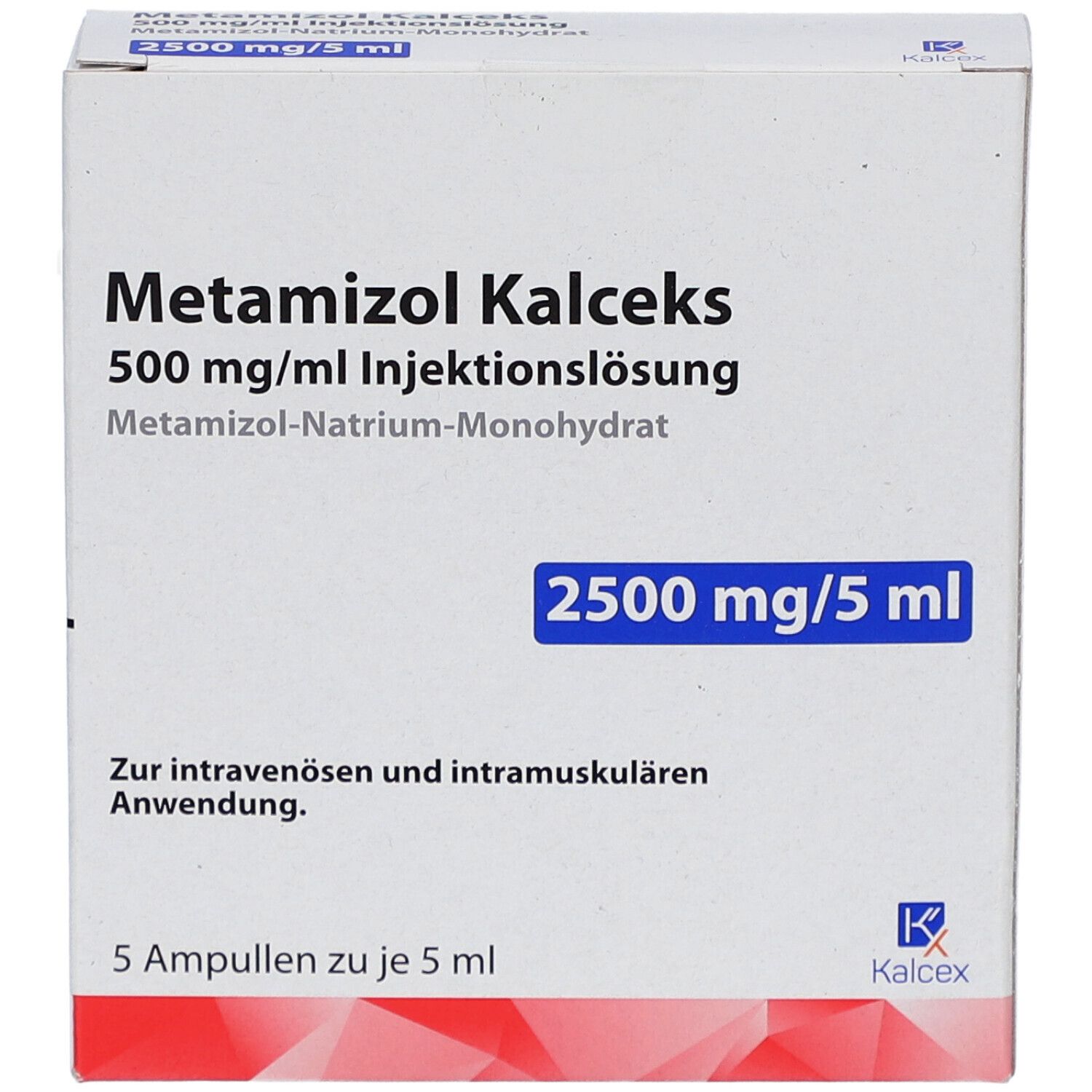 Weiße Faltschachtel mit Metamizol Kalceks 500 mg/ml. Enthält 5 Ampullen zu je 5 ml. Logo Kalceks.