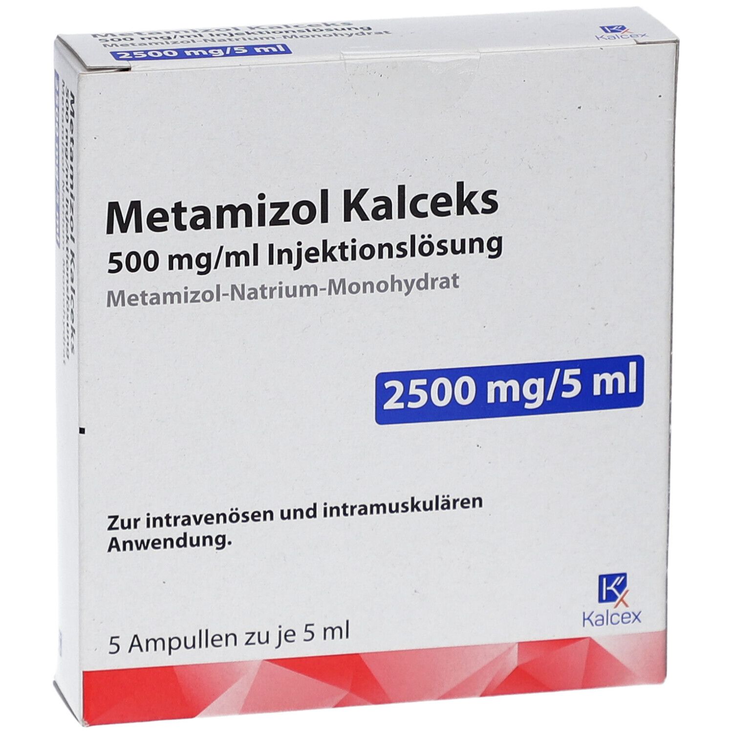 Weiße Faltschachtel mit Metamizol Kalceks 500 mg/ml. Enthält 5 Ampullen zu je 5 ml. Logo Kalceks.