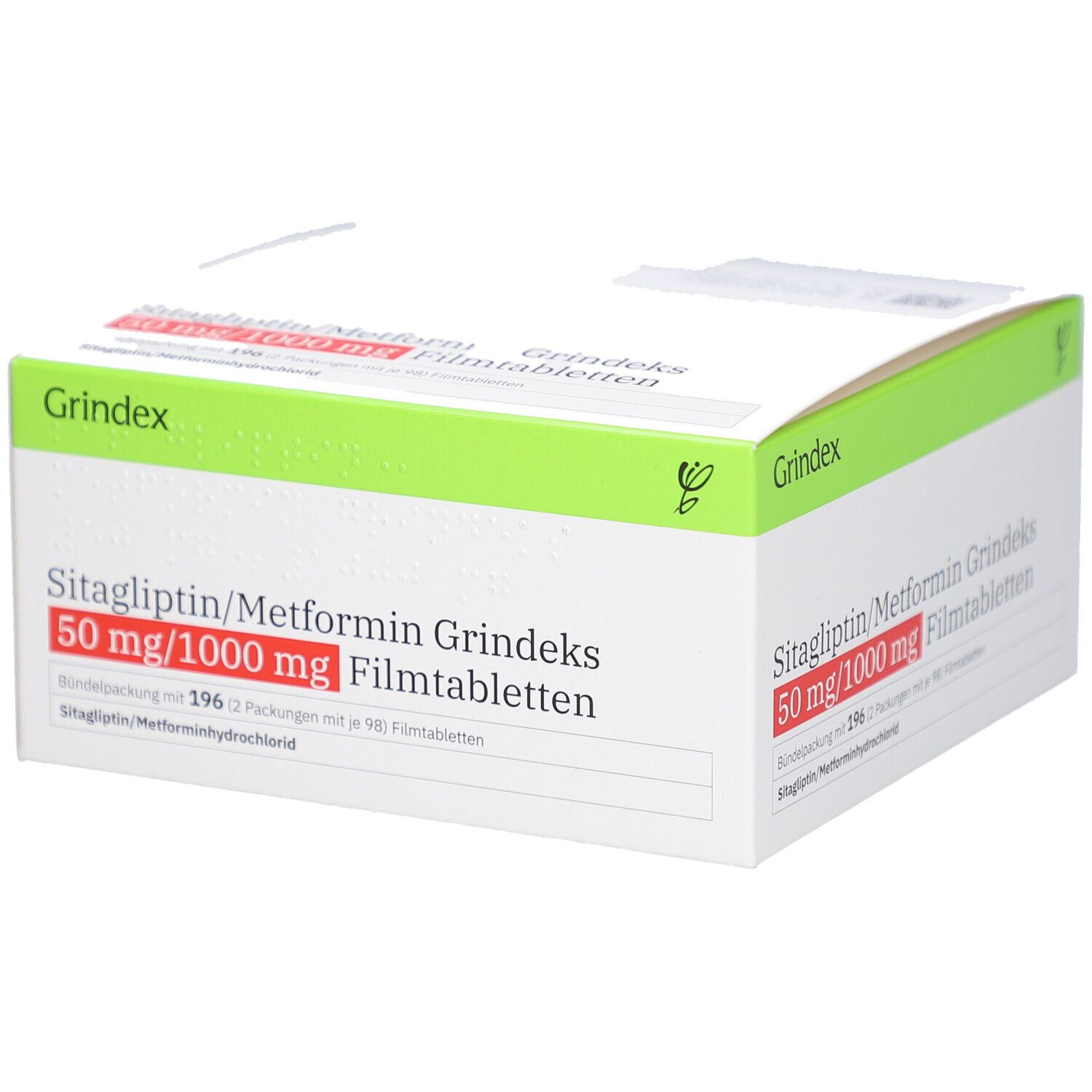 Verpackung von Sitagliptin/Metformin Grindeks 50 mg/1000 mg Filmtabletten. Weißer Karton mit grünen und roten Akzenten. Text.