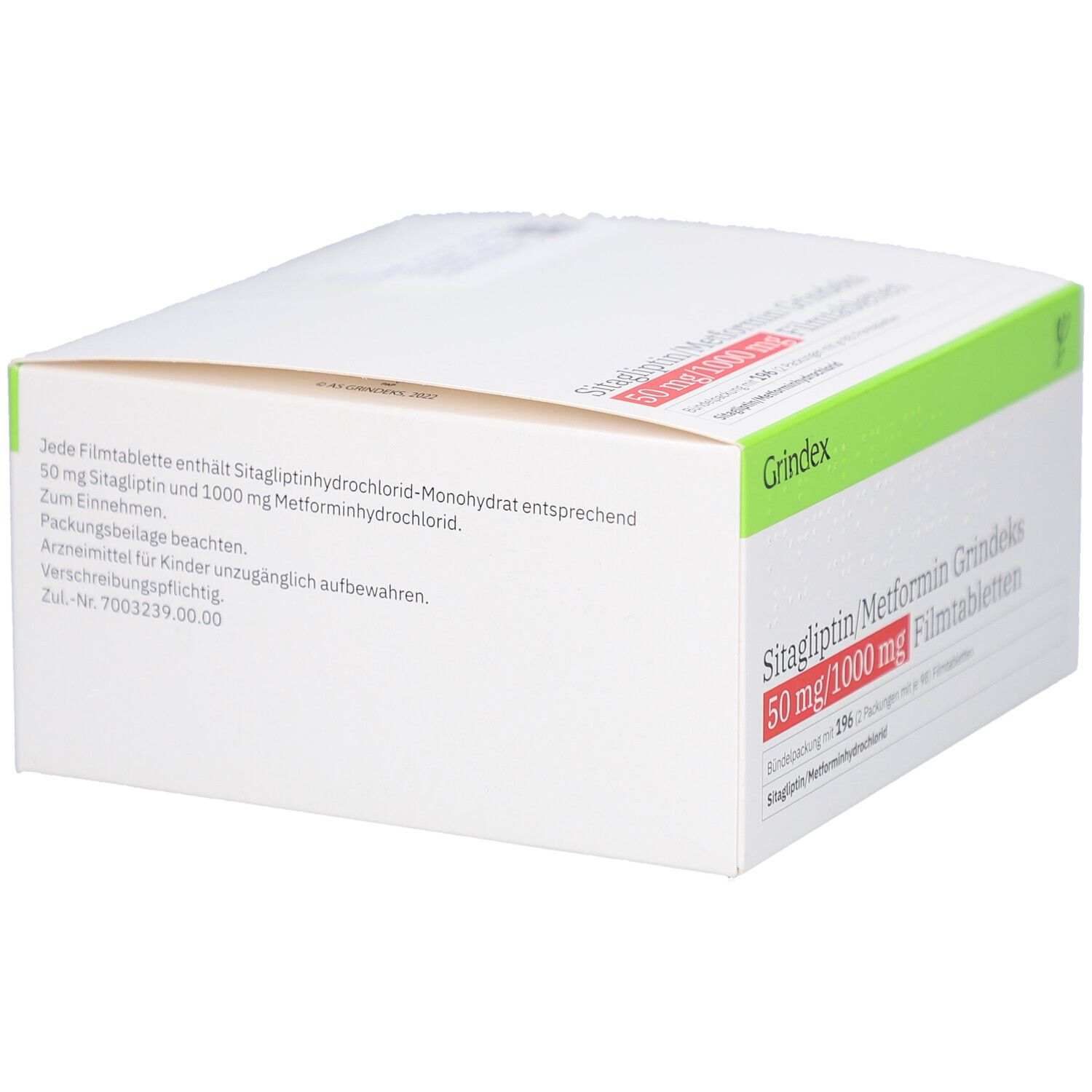 Verpackung von Sitagliptin/Metformin Grindeks 50 mg/1000 mg Filmtabletten. Rückseite der weißen Schachtel mit Text.