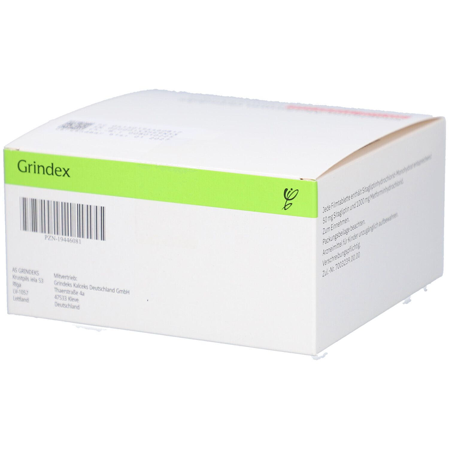Verpackung von Sitagliptin/Metformin Grindeks 50 mg/1000 mg Filmtabletten. Weiße Schachtel mit Barcode und Text.
