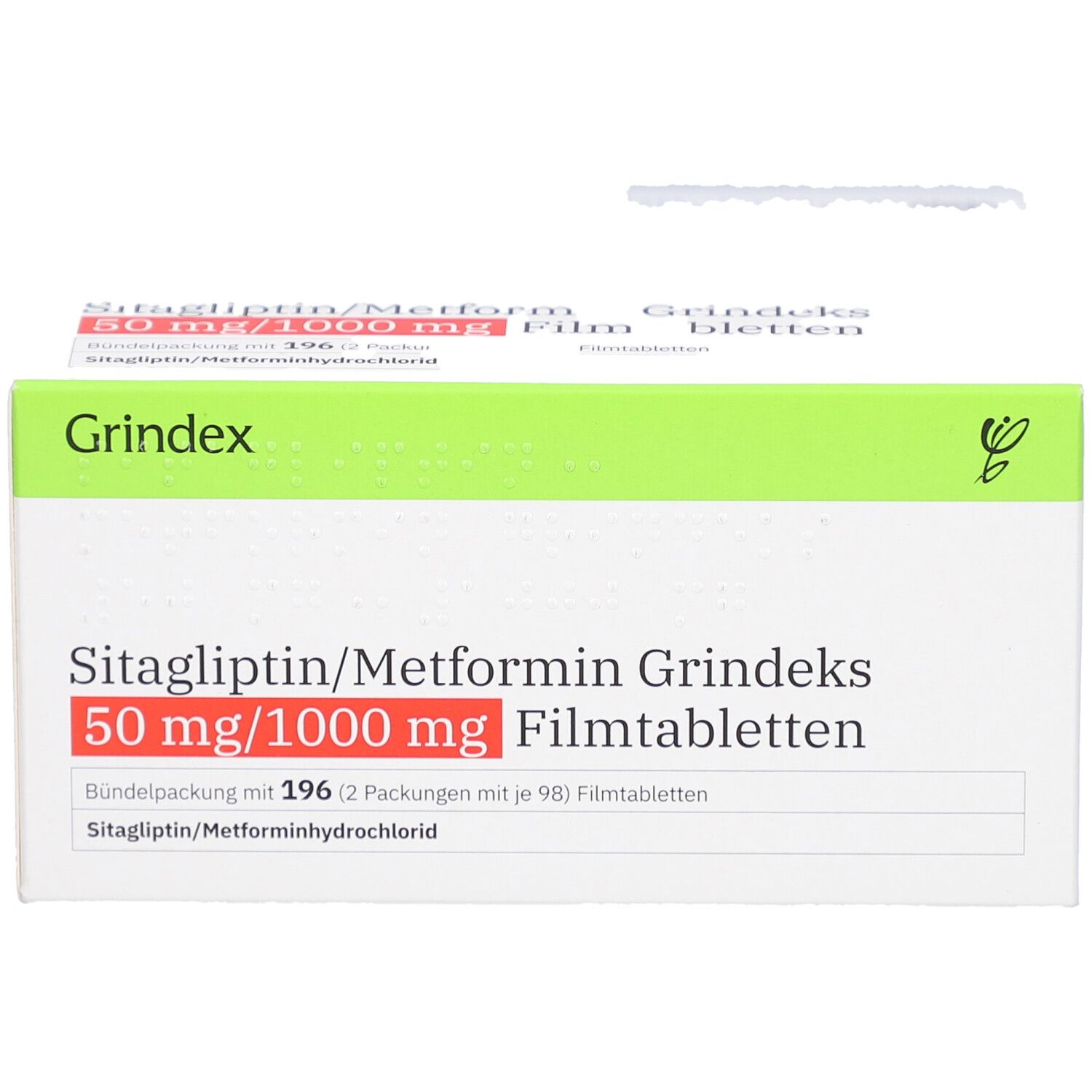 Verpackung von Sitagliptin/Metformin Grindeks 50 mg/1000 mg Filmtabletten. Weiße Schachtel mit grünen und roten Akzenten. Text.