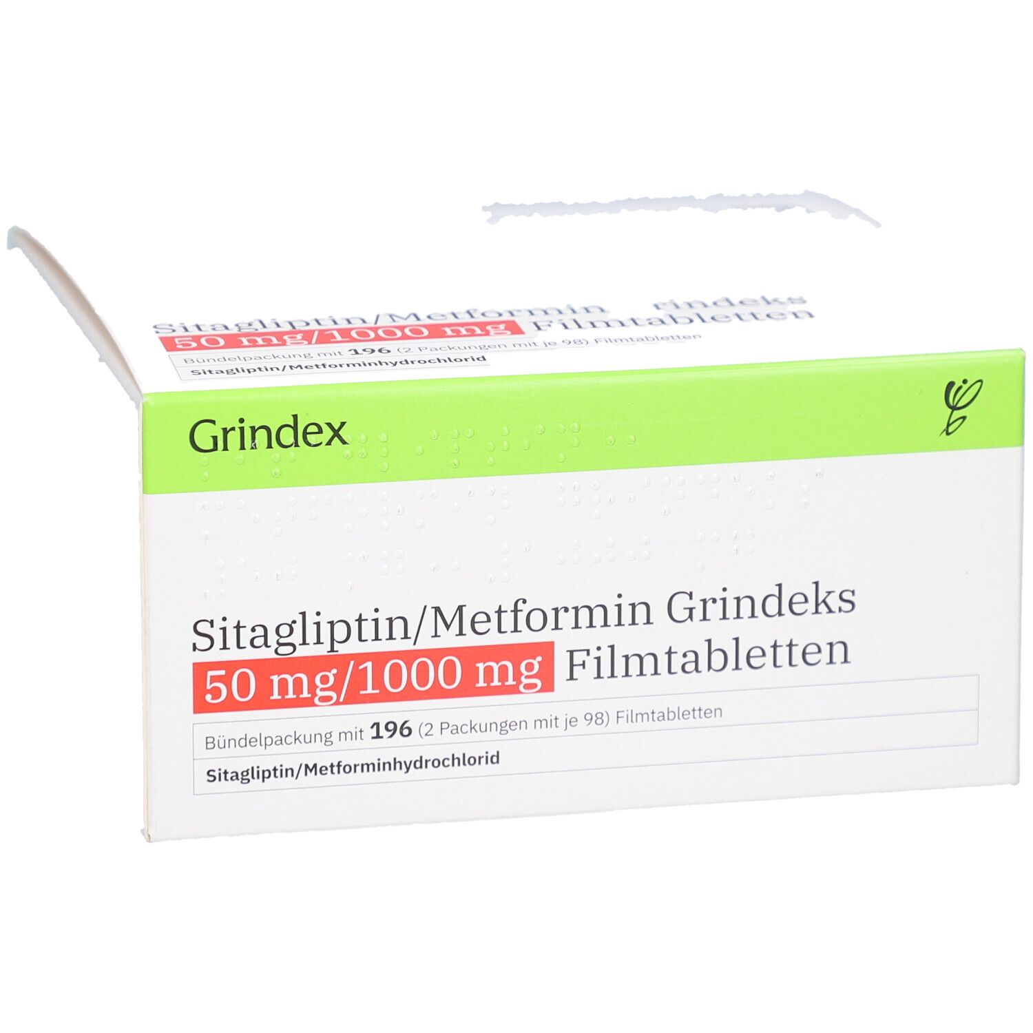 Verpackung von Sitagliptin/Metformin Grindeks 50 mg/1000 mg Filmtabletten. Geöffnete weiße Schachtel mit Text.