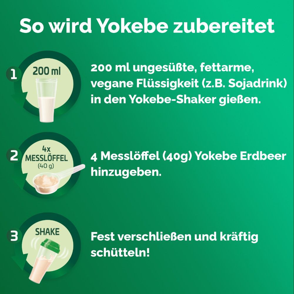 Zubereitung Yokebe. 1: 200ml Flüssigkeit. 2: 4 Messlöffel. 3: Shaken. Yokebe-Shaker.