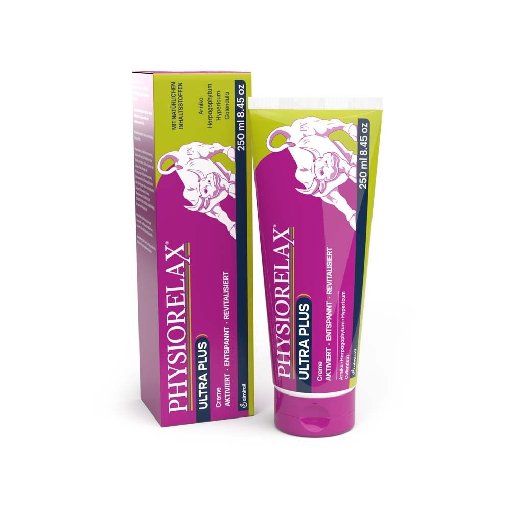 Physiorelax Ultra Plus Creme Tube und Faltschachtel mit Stier-Motiv.