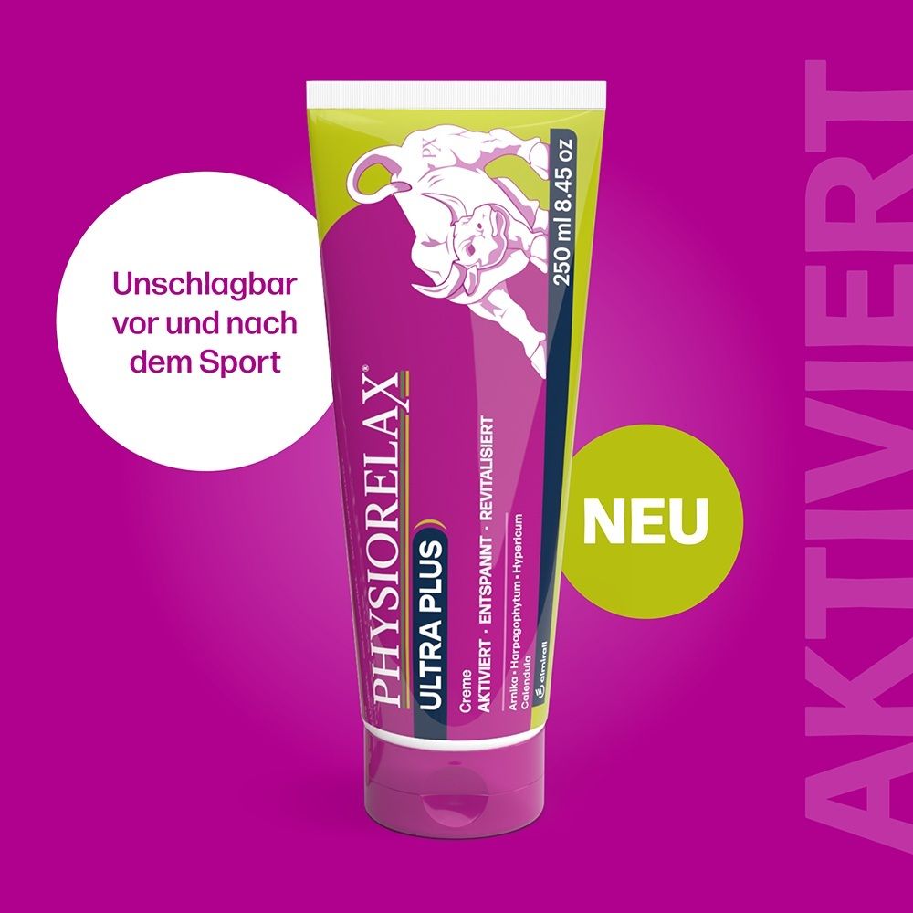 Physiorelax Ultra Plus Creme Tube mit Stier-Motiv und Text 'Neu'.
