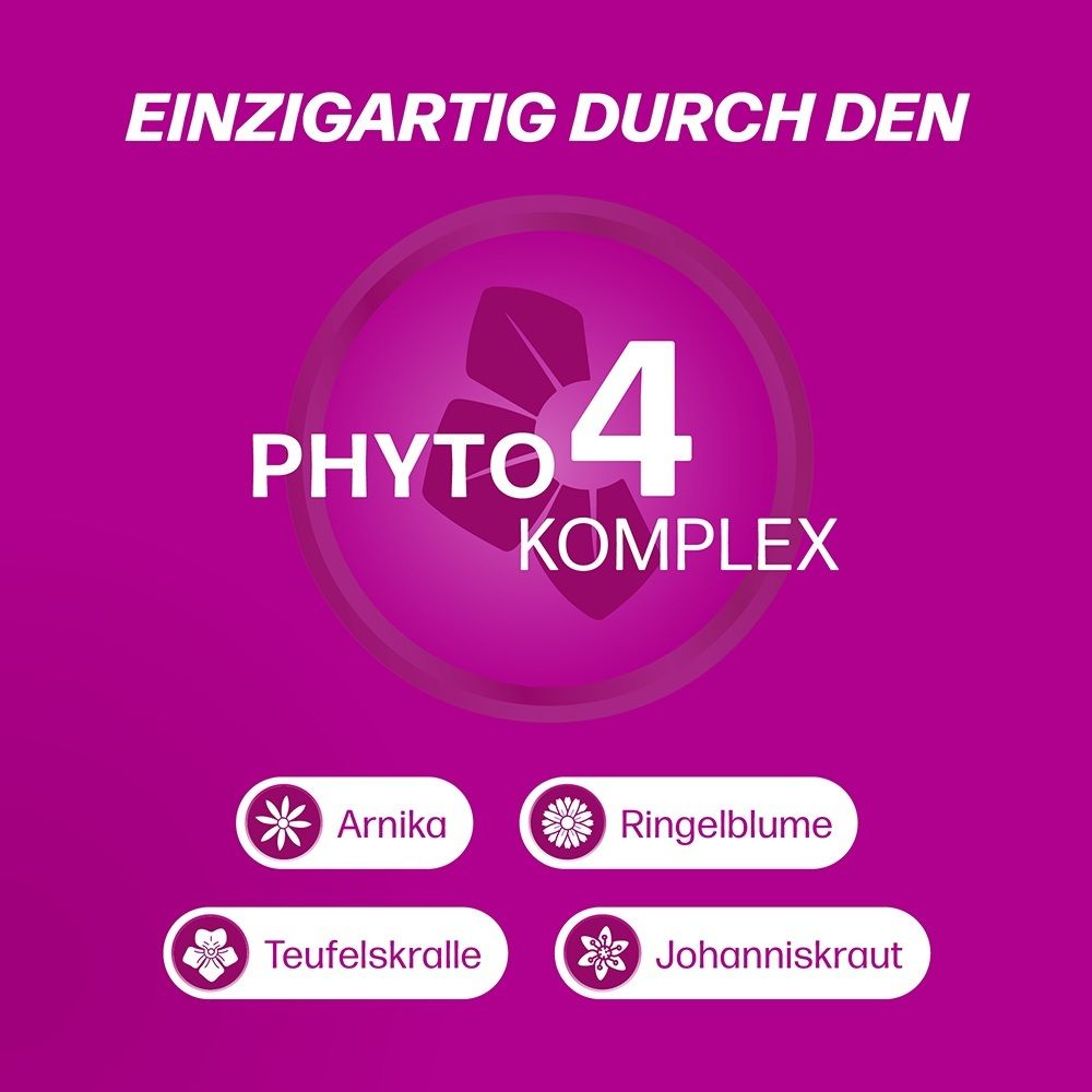 Logo 'Phyto 4 komplex' mit Arnika, Ringelblume, Teufelskralle, Johanniskraut.