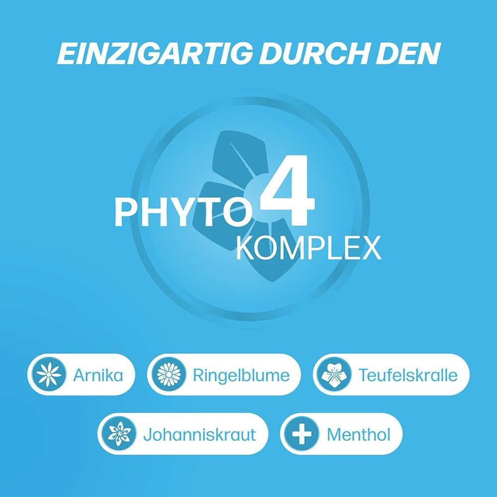 Phyto 4 Komplex: Arnika, Ringelblume, Teufelskralle, Johanniskraut, Menthol.