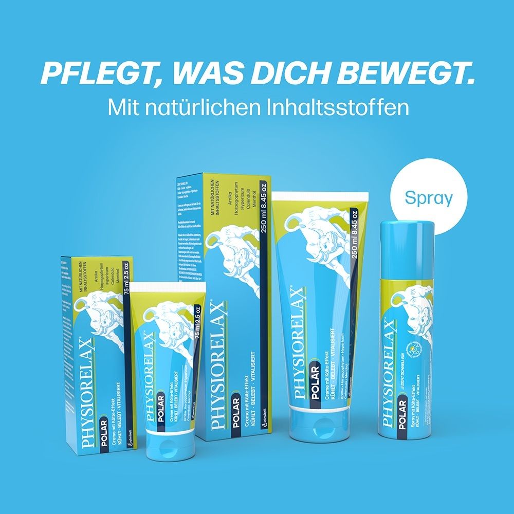 Physiorelax Produkte: Spray, Tuben und Kartons in verschiedenen Größen.