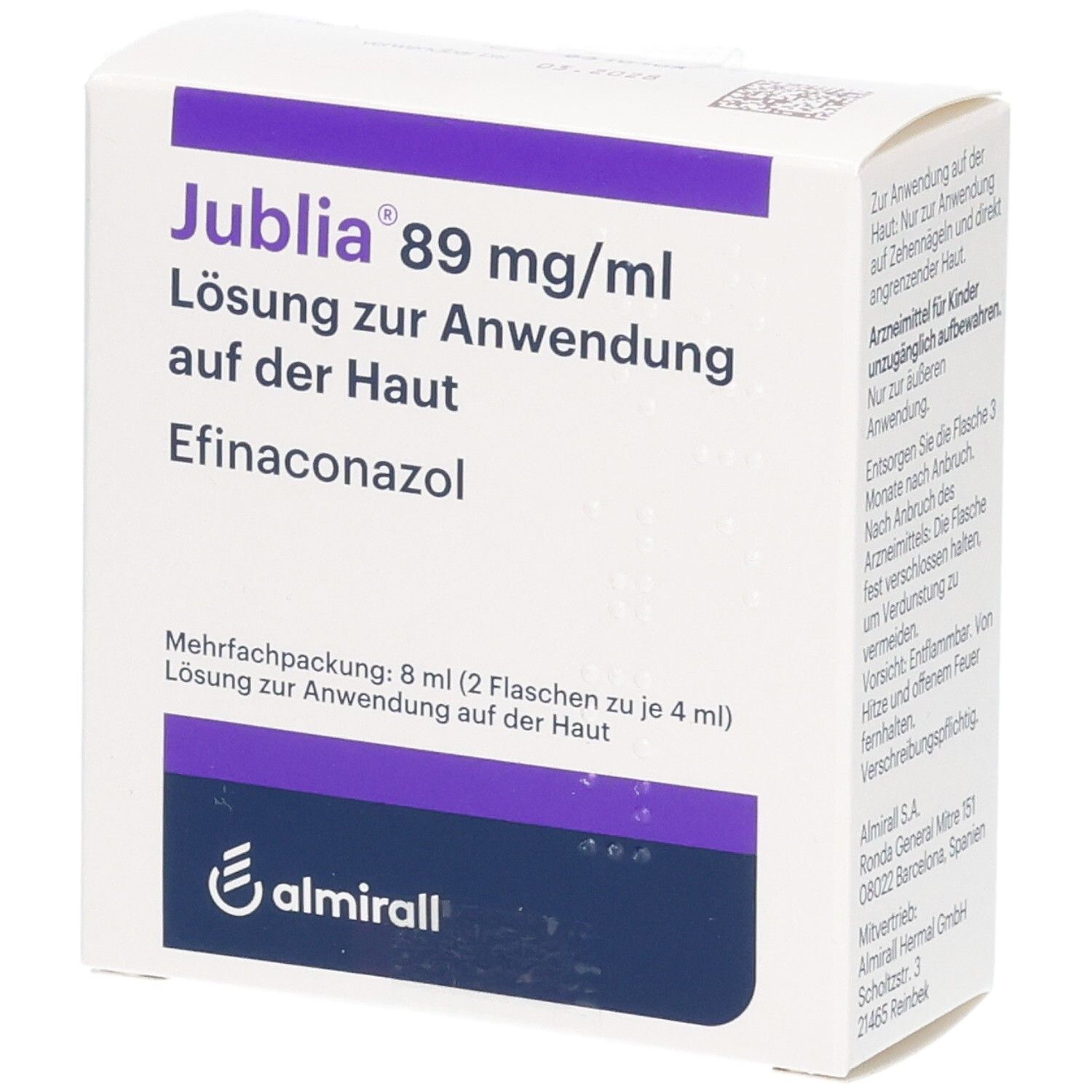 Weißer Karton mit lila Akzenten. Aufschrift: Jublia 89 mg/ml Lösung zur Anwendung auf der Haut. Enthält Efinaconazol. Logo: almirall.