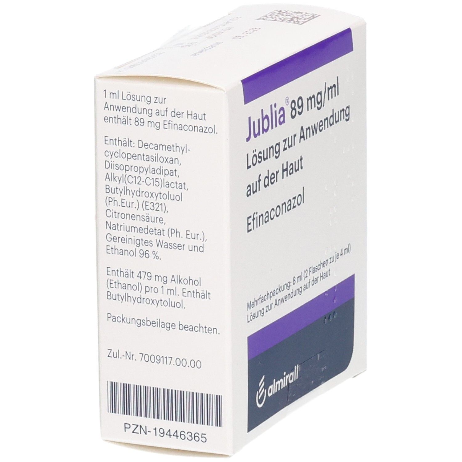 Karton in Schrägansicht. Aufschrift: Jublia 89 mg/ml Lösung zur Anwendung auf der Haut. Enthält Efinaconazol. Logo: almirall. Text mit Inhaltsstoffen.