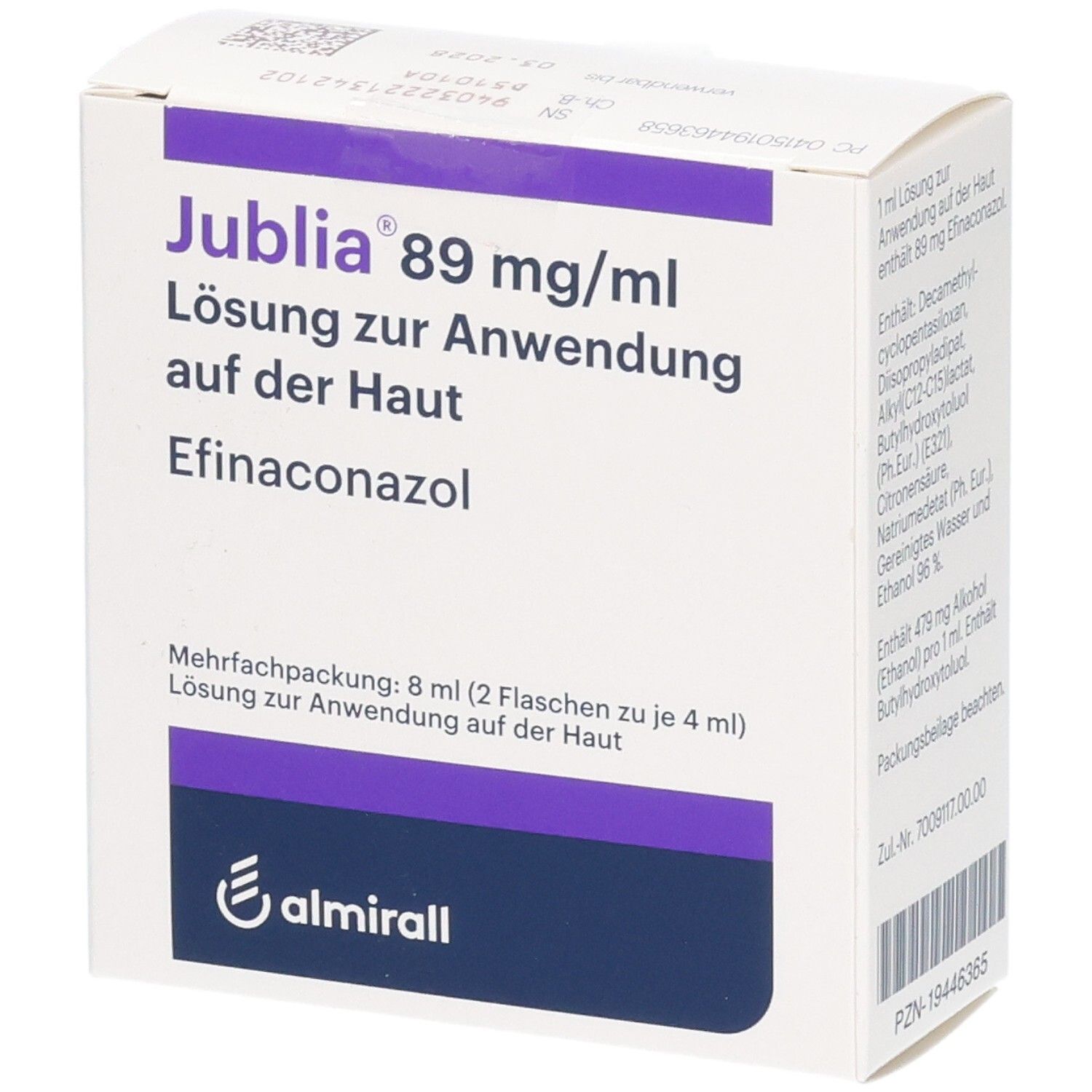 Weißer Karton mit lila Akzenten. Aufschrift: Jublia 89 mg/ml Lösung zur Anwendung auf der Haut. Enthält Efinaconazol. Logo: almirall. Mehrfachpackung.