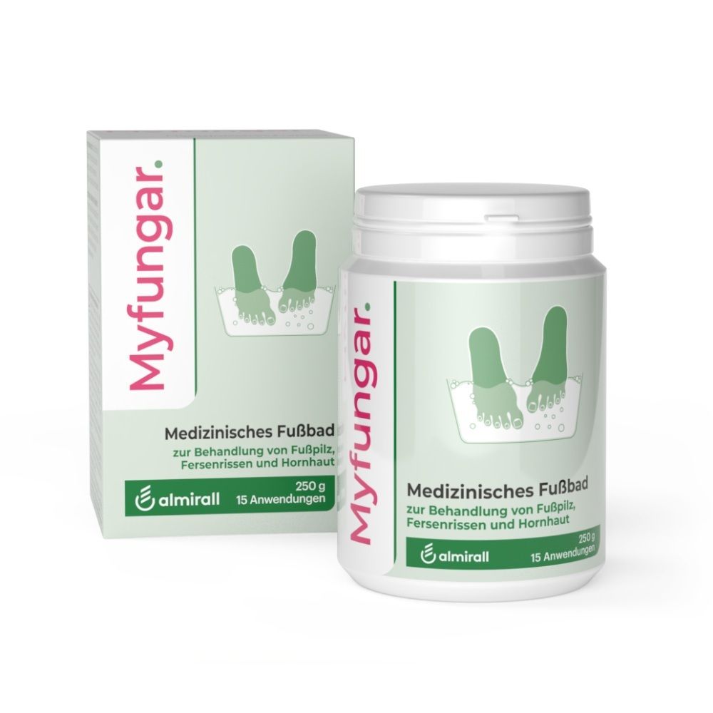 Myfungar® Medizinisches Fußbad: Dose und Karton mit Fußbad-Illustration. 250g, 15 Anwendungen.
