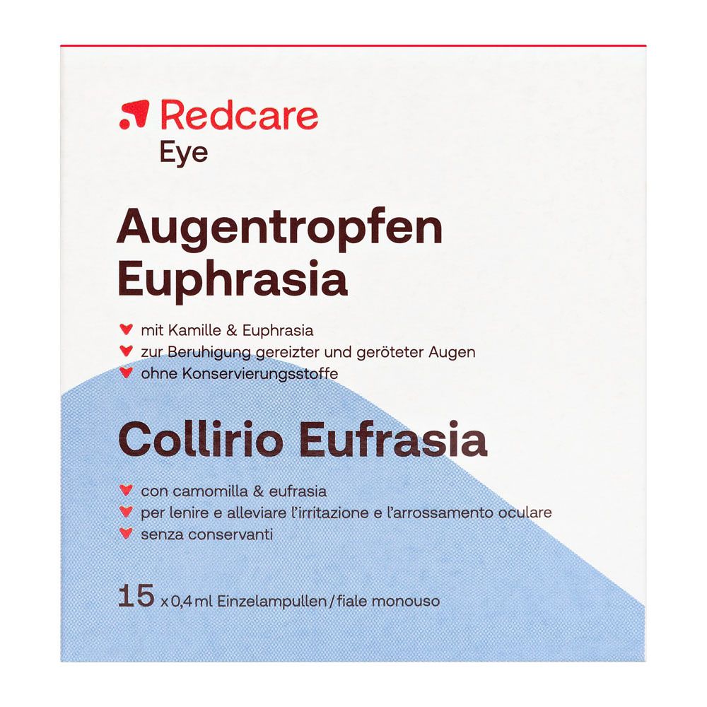 Verpackung von Augentropfen Euphrasia. Enthält 15 Einzeldosen. Marke Redcare Eye.