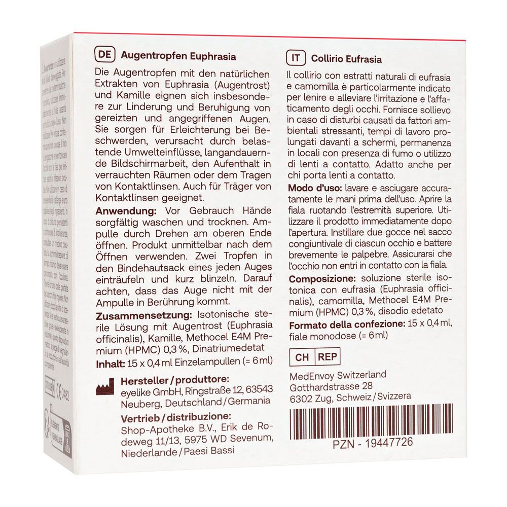 Rückseite der Verpackung von Augentropfen Euphrasia. Text in Deutsch und Italienisch.