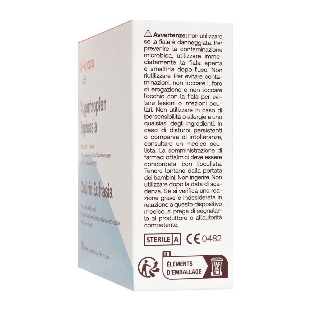 Seite der Verpackung von Augentropfen Euphrasia. Text in Italienisch.