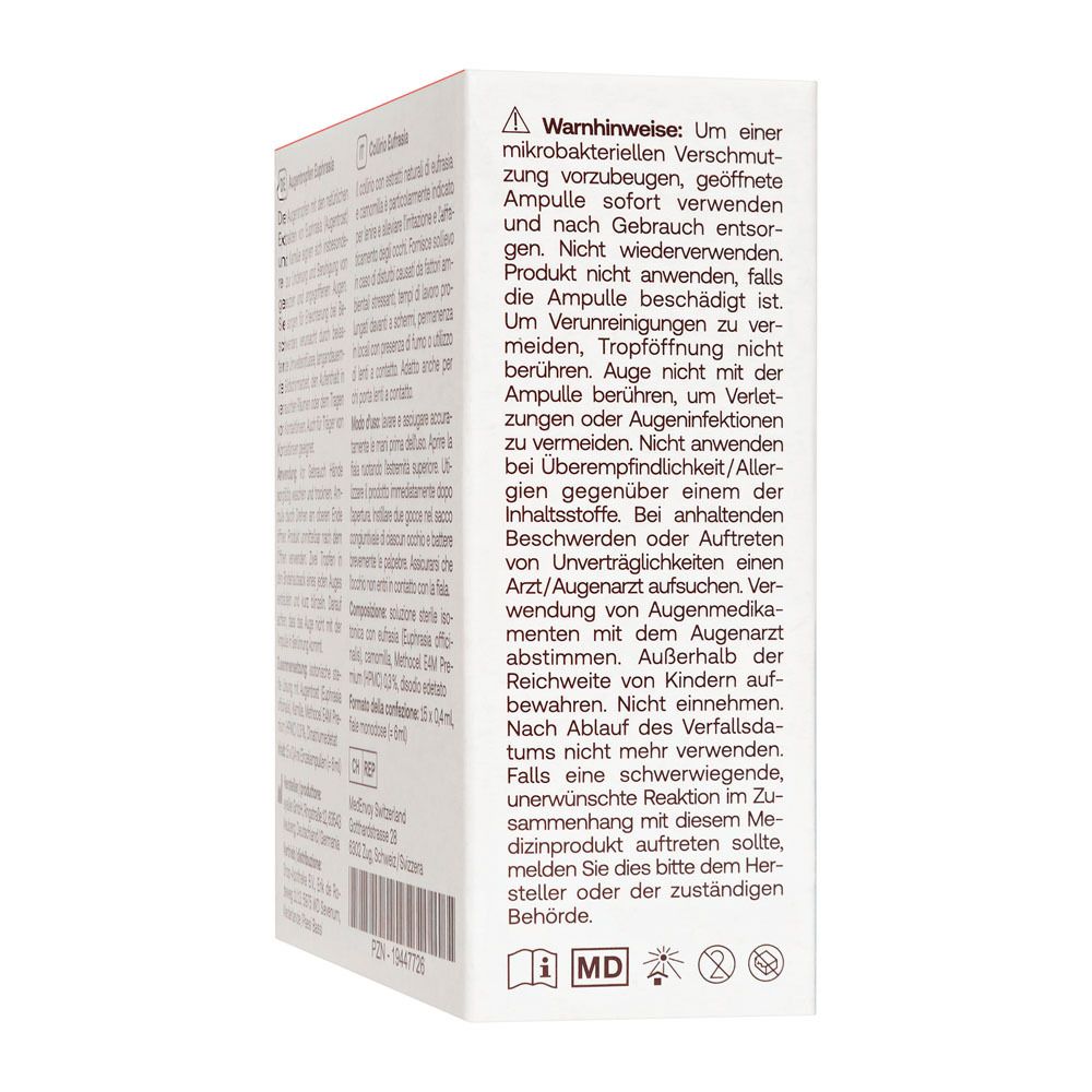 Seite der Verpackung von Augentropfen Euphrasia. Text in Deutsch.