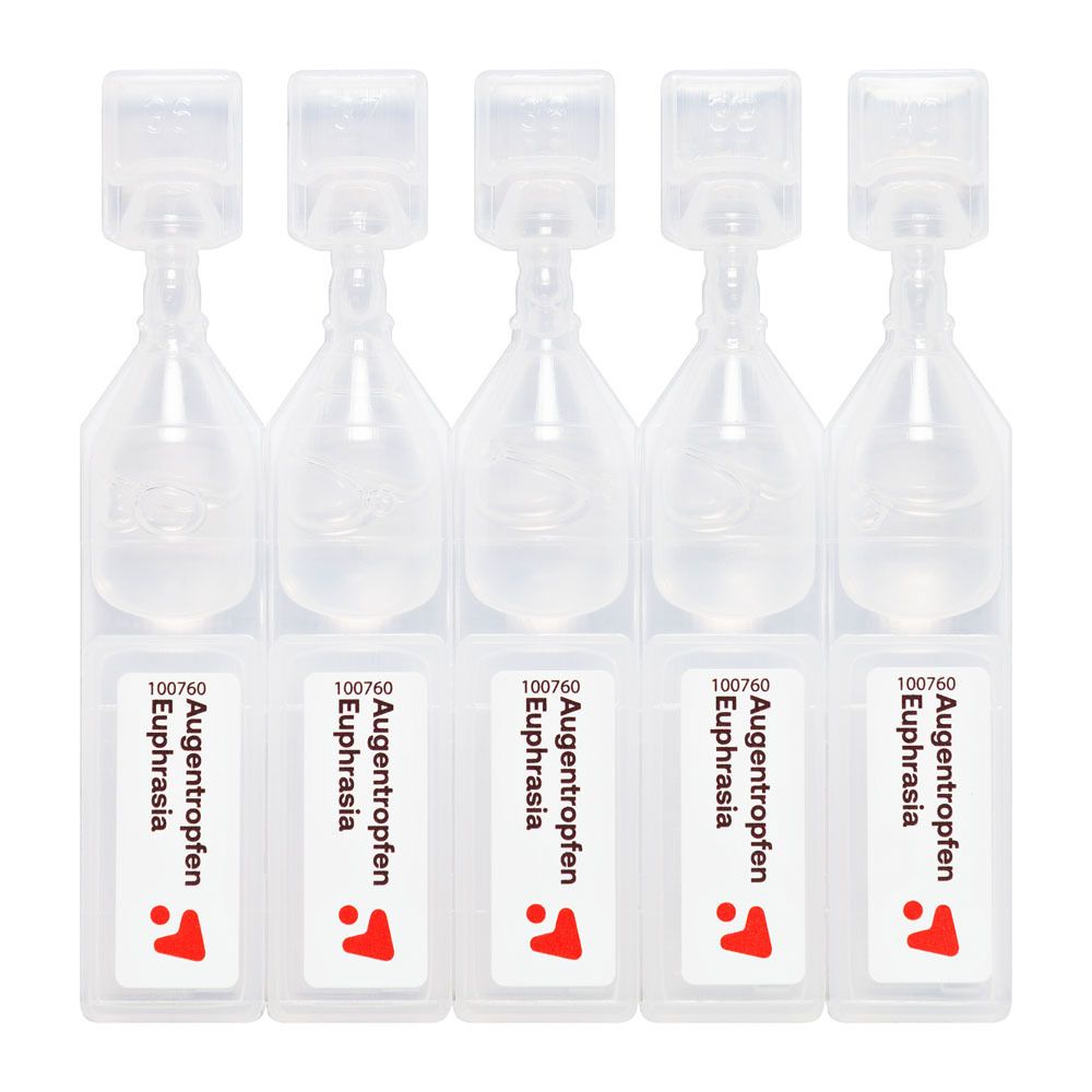 Fünf Einzeldosen Augentropfen Euphrasia. Klare, tropfenförmige Behälter.