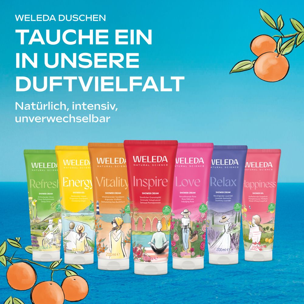 Werbebild: Reihe von Weleda Duschcremes. Verschiedene Farben und Namen. Orangen und Zweig.