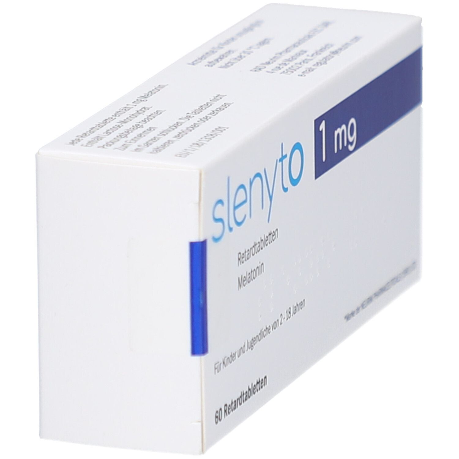 Weiße Schachtel mit blauer Leiste. Aufschrift: slenyto 1 mg Retardtabletten. Für Kinder und Jugendliche von 2-18 Jahren. 60 Retardtabletten.