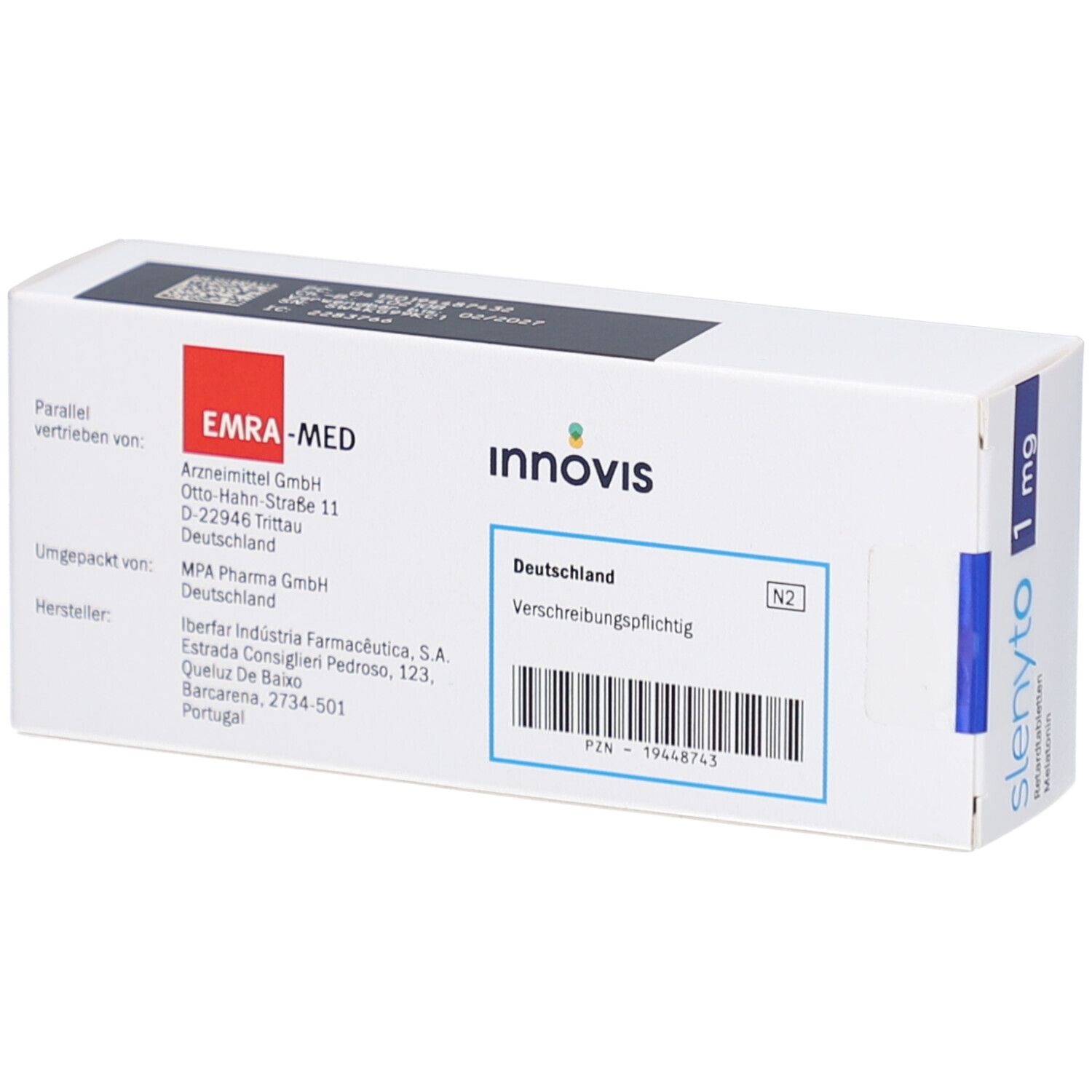 Weiße Schachtel mit Aufdrucken. Aufschrift: EMRA-MED, Innovis, Deutschland, Verschreibungspflichtig. Barcode und PZN-19448743.