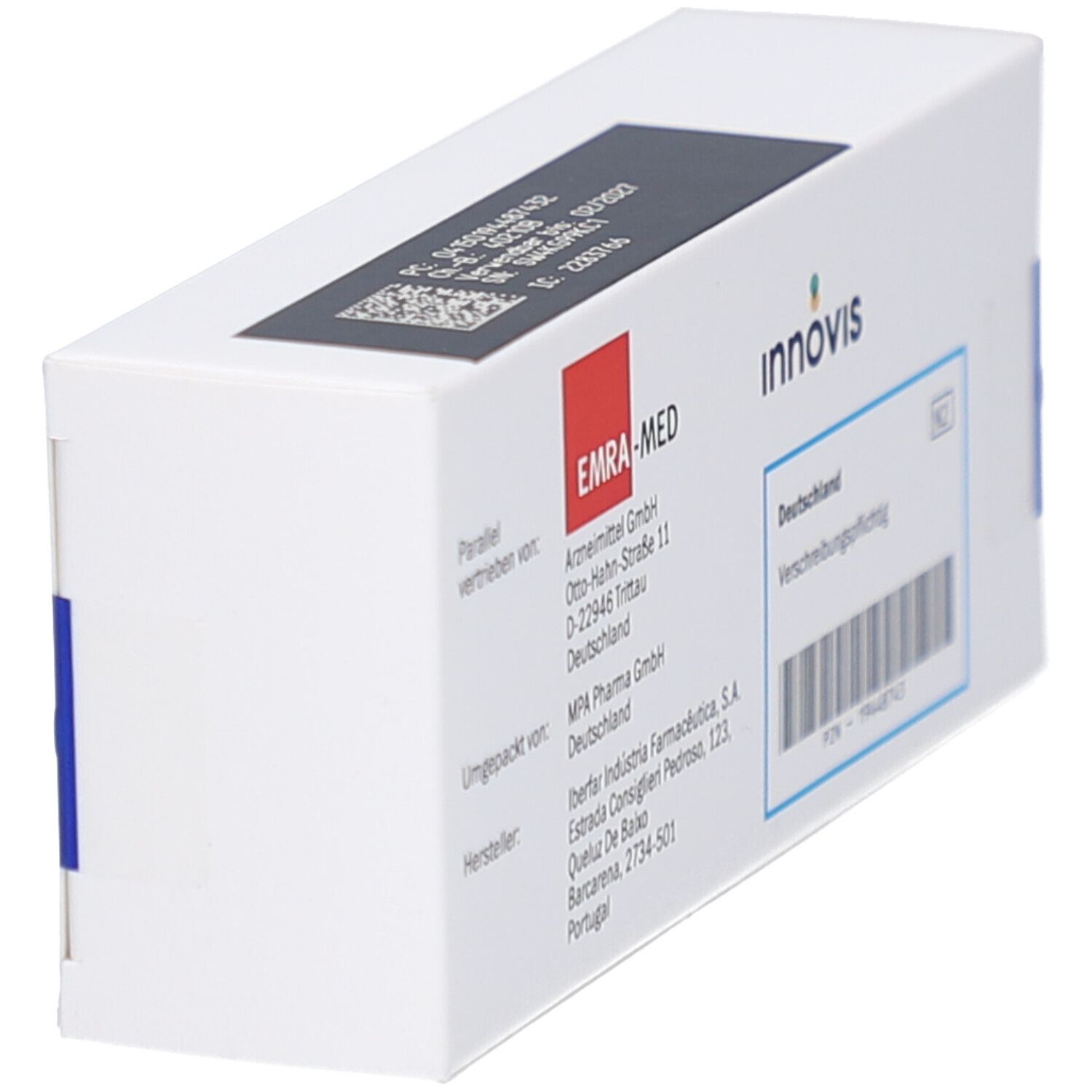 Weiße Schachtel mit Aufdrucken. Aufschrift: EMRA-MED, Innovis, Deutschland, Verschreibungspflichtig. Barcode und PZN-19448743.