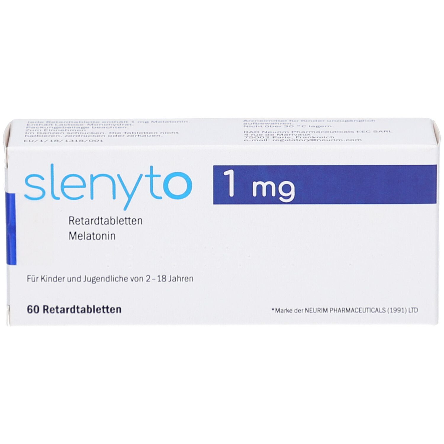 Weiße Schachtel mit blauer Leiste. Aufschrift: slenyto 1 mg Retardtabletten. Für Kinder und Jugendliche von 2-18 Jahren. 60 Retardtabletten.