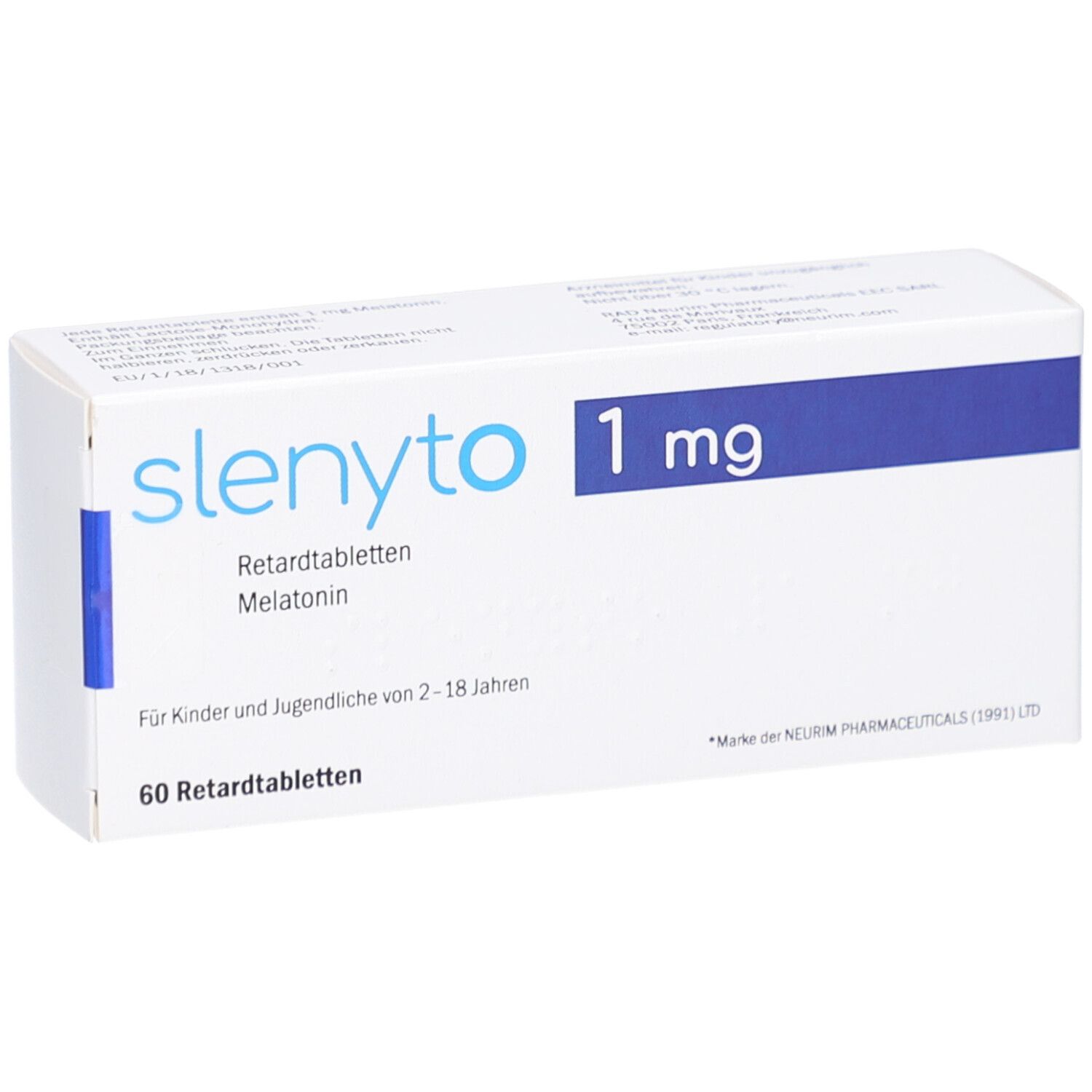 Weiße Schachtel mit blauer Leiste. Aufschrift: slenyto 1 mg Retardtabletten. Für Kinder und Jugendliche von 2-18 Jahren. 60 Retardtabletten.