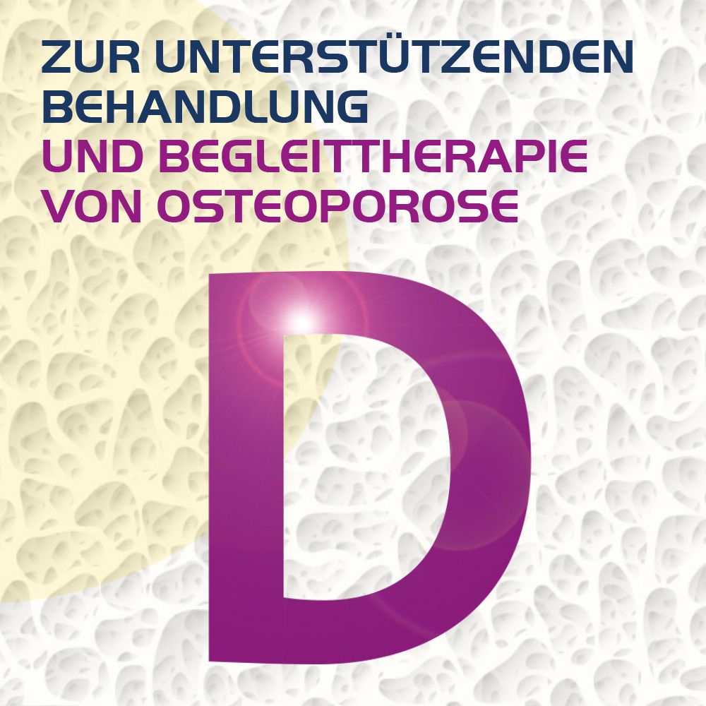 Abstrakter Hintergrund. Text: „Zur unterstützenden Behandlung und Begleittherapie von Osteoporose“. Lila „D“.