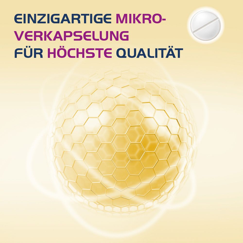 Gelbe Kugel mit hexagonaler Struktur. Text: „Einzigartige Mikroverkapselung für höchste Wirksamkeit“.