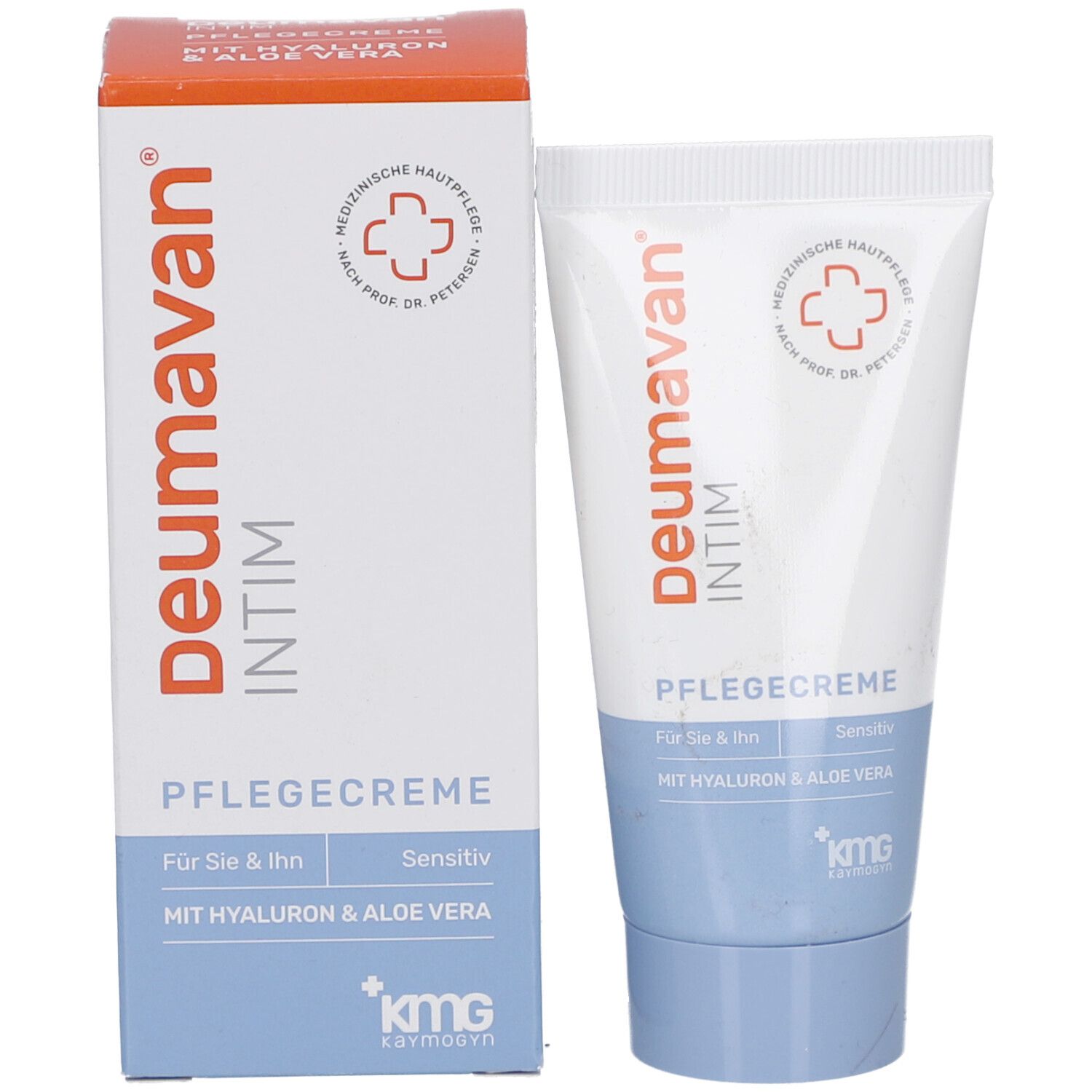 Produktverpackung: Tube und Karton. Aufschrift: Deumavan Intim, Pflegecreme, für Sie & Ihn, sensitive. Mit Hyaluron & Aloe Vera.