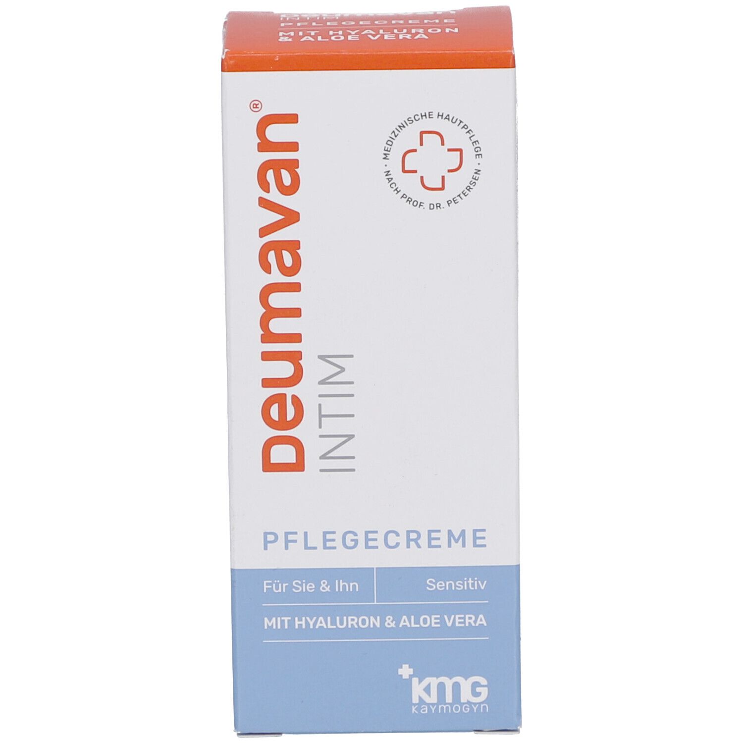 Kartonverpackung. Aufschrift: Deumavan Intim, Pflegecreme, für Sie & Ihn, sensitive. Mit Hyaluron & Aloe Vera.