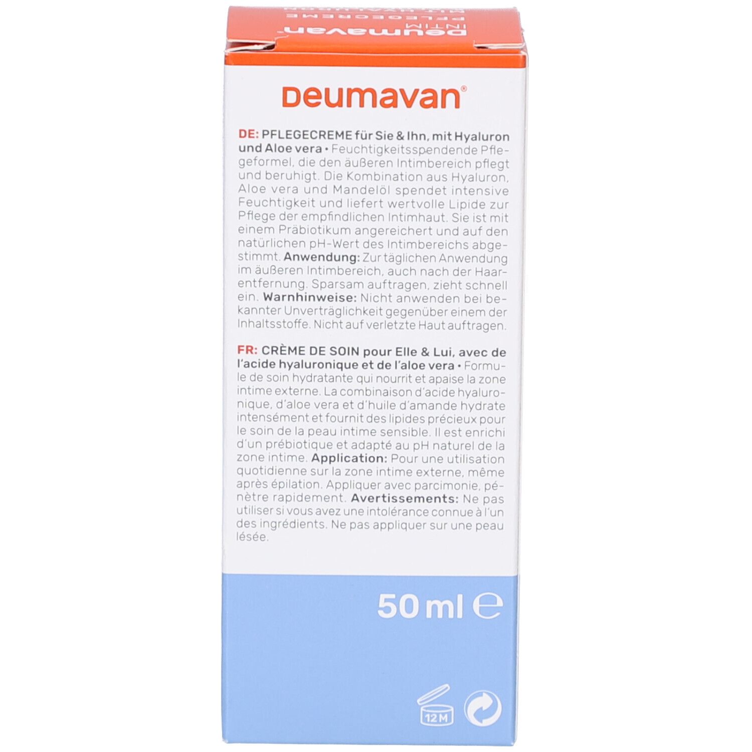 Rückseite der Kartonverpackung. Text in Deutsch und Französisch. Enthält Informationen zum Produkt.