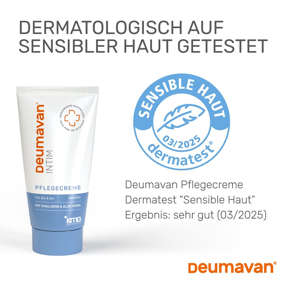 Deumavan Intim Pflegecreme Tube. Dermatologisch auf sensibler Haut getestet. "Sensible Haut" Ergebnis: sehr gut (03/2025).