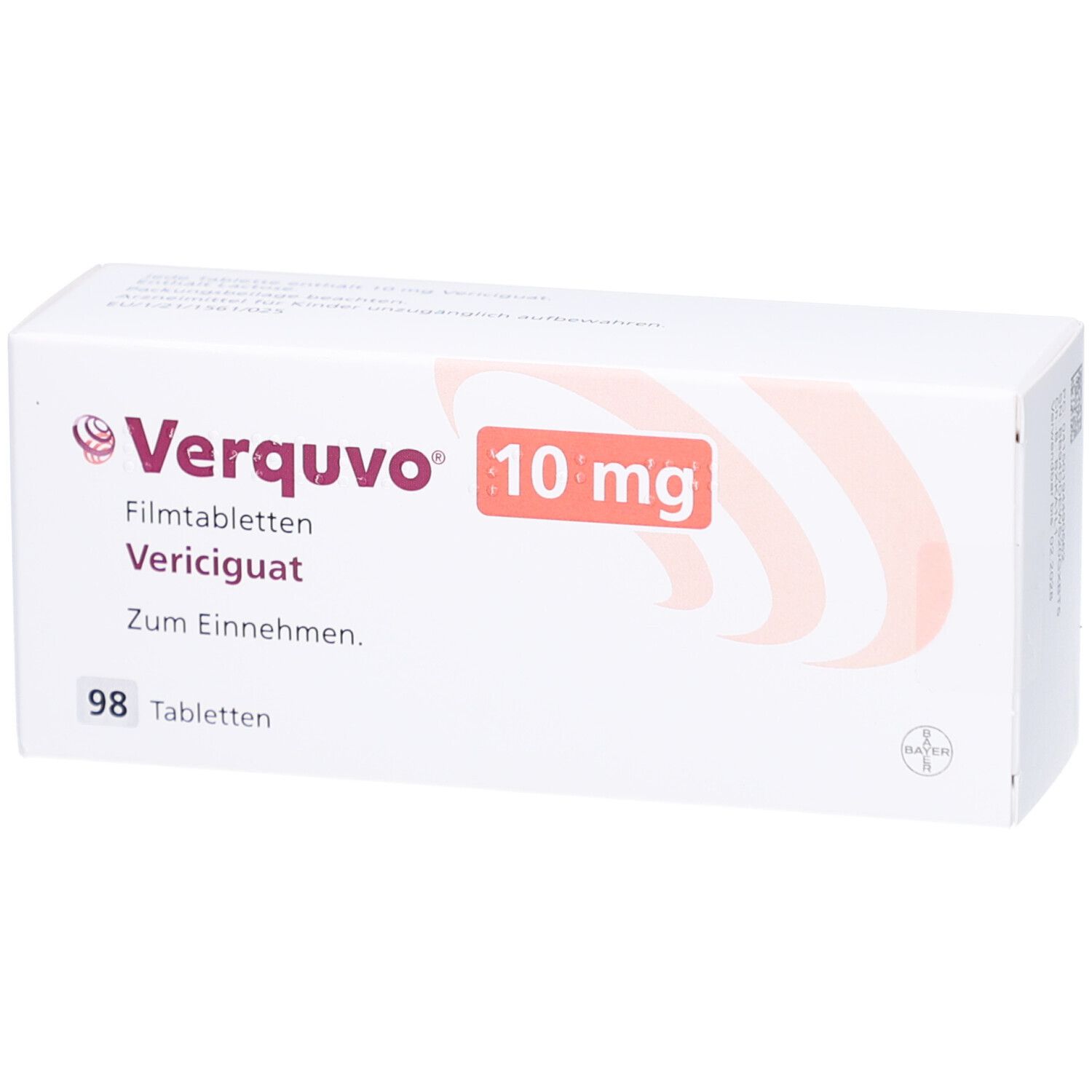 Verquvo 10 mg Filmtabletten-Packung. Enthält 98 Tabletten. Aufschrift: Verquvo, Vericiguat, Zum Einnehmen.
