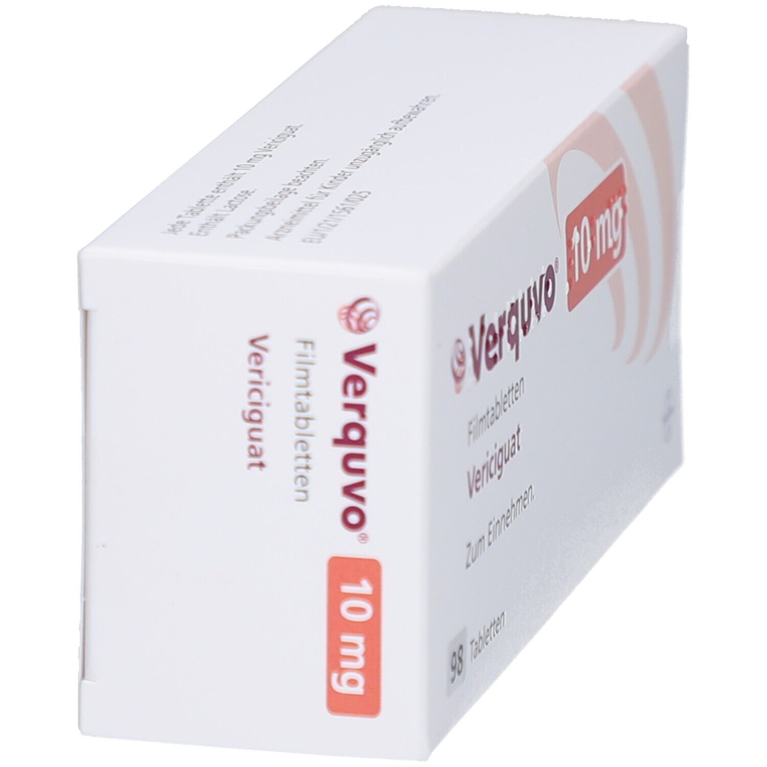 Schräg gestellte Packung Verquvo 10 mg Filmtabletten. Aufschrift: Verquvo, Vericiguat, 98 Tabletten, 10 mg.