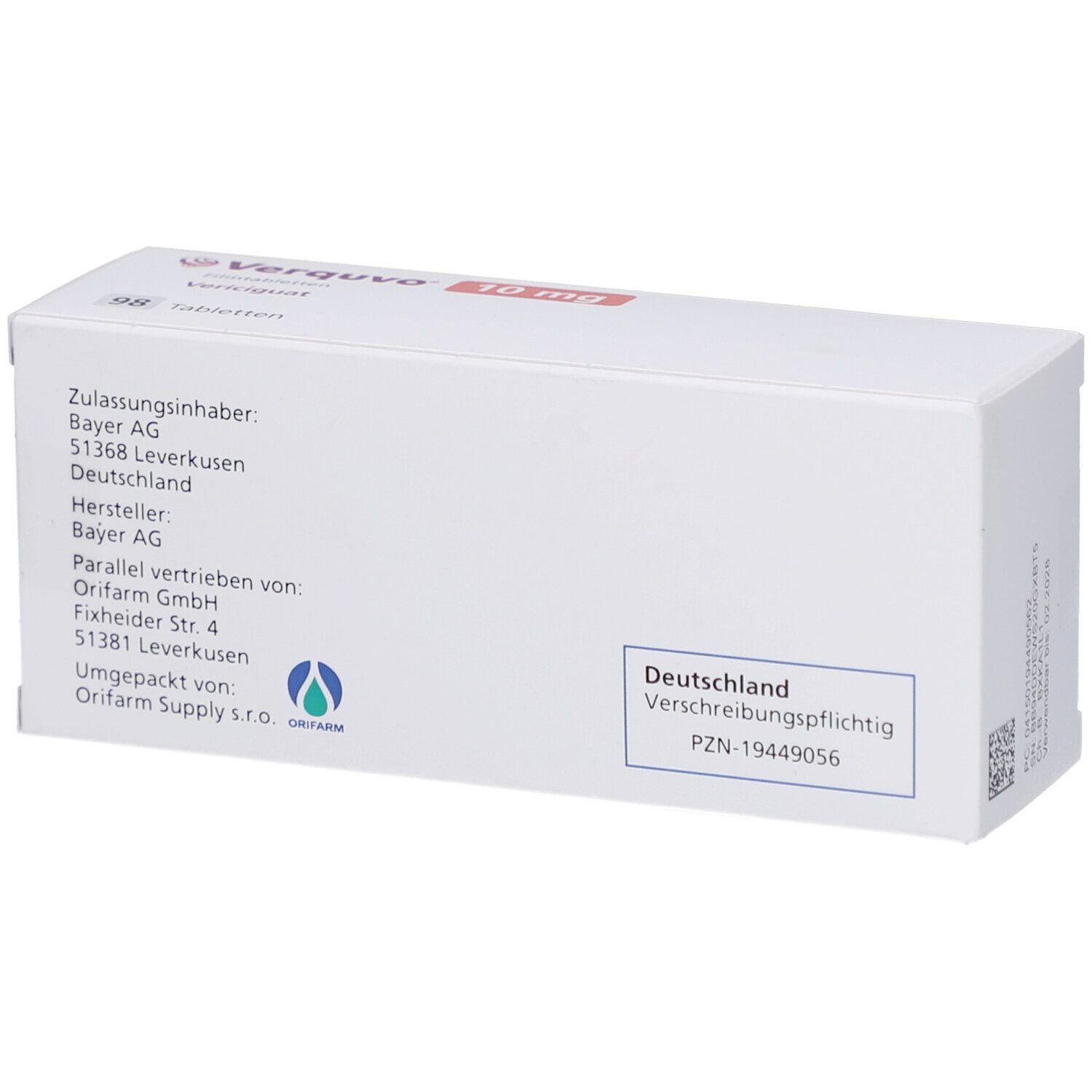 Rückseite der Verquvo 10 mg Filmtabletten-Packung. Enthält Informationen zu Hersteller und Vertrieb.