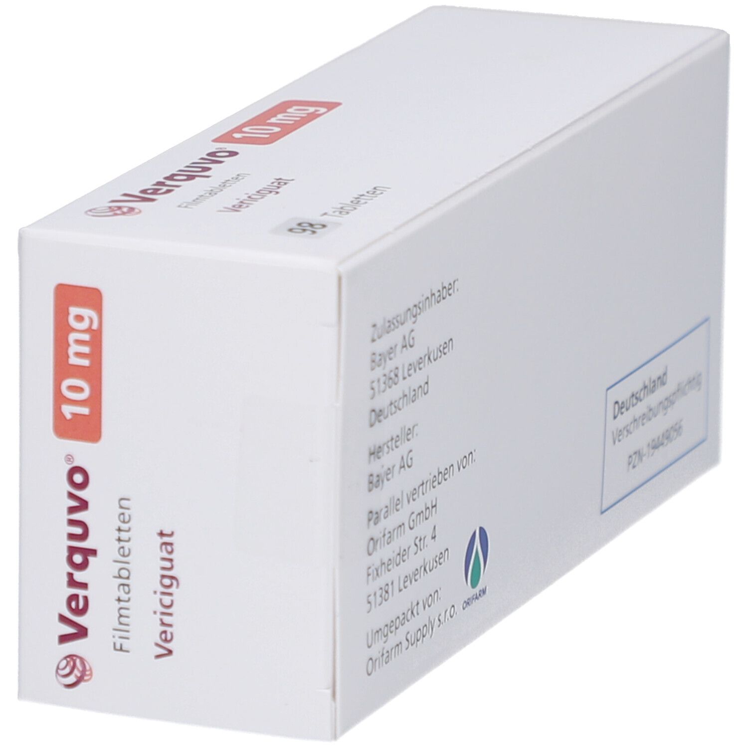 Schräg gestellte Packung Verquvo 10 mg Filmtabletten. Aufschrift: Verquvo, Vericiguat, 98 Tabletten, 10 mg.