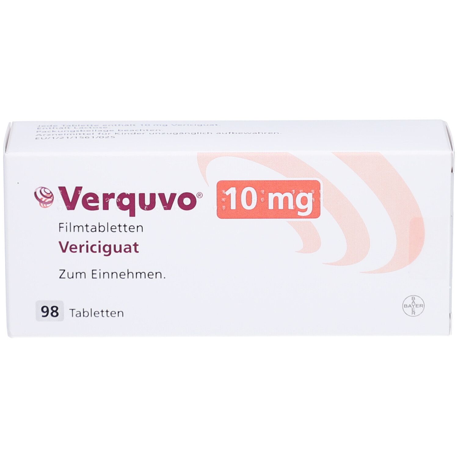 Verquvo 10 mg Filmtabletten-Packung. Enthält 98 Tabletten. Aufschrift: Verquvo, Vericiguat, Zum Einnehmen.