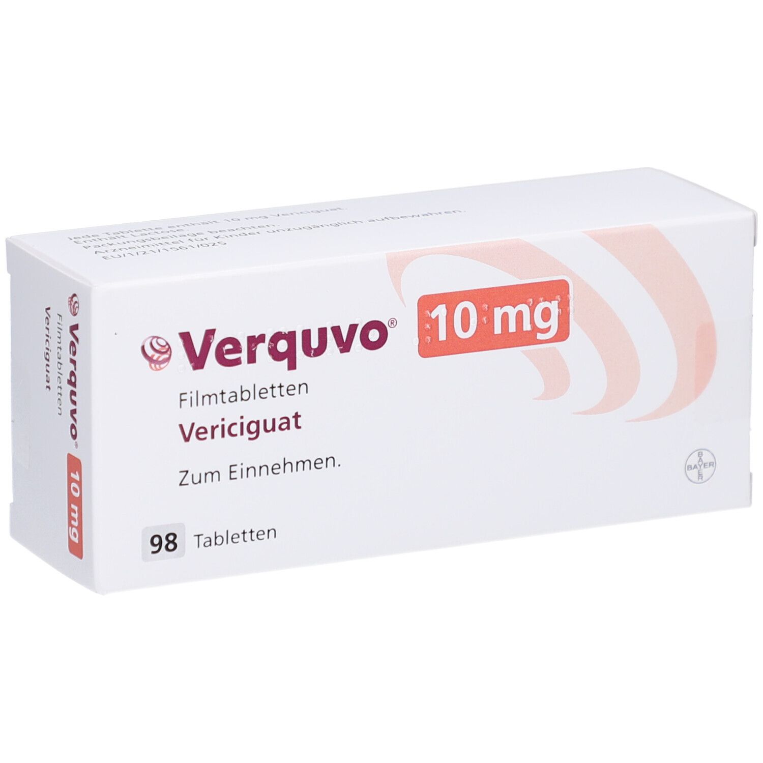 Verquvo 10 mg Filmtabletten-Packung. Aufschrift: Verquvo, Vericiguat, Zum Einnehmen, 98 Tabletten, 10 mg.