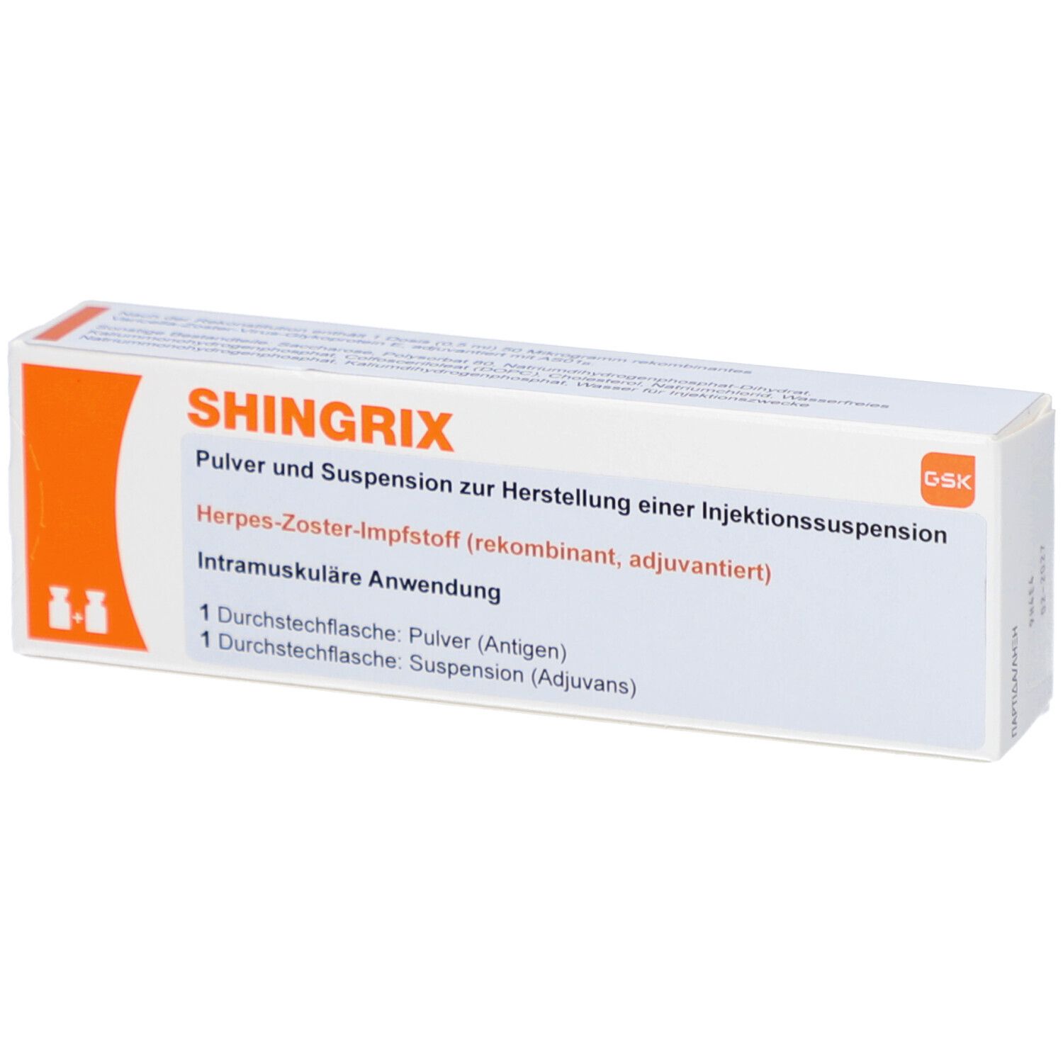 Schachtel mit SHINGRIX. Text: Pulver u. Suspension z. Herst.e.Inj.-Susp. Herpes-Zoster-Impfstoff. 1 Durchstechflasche Pulver, 1 Suspension.