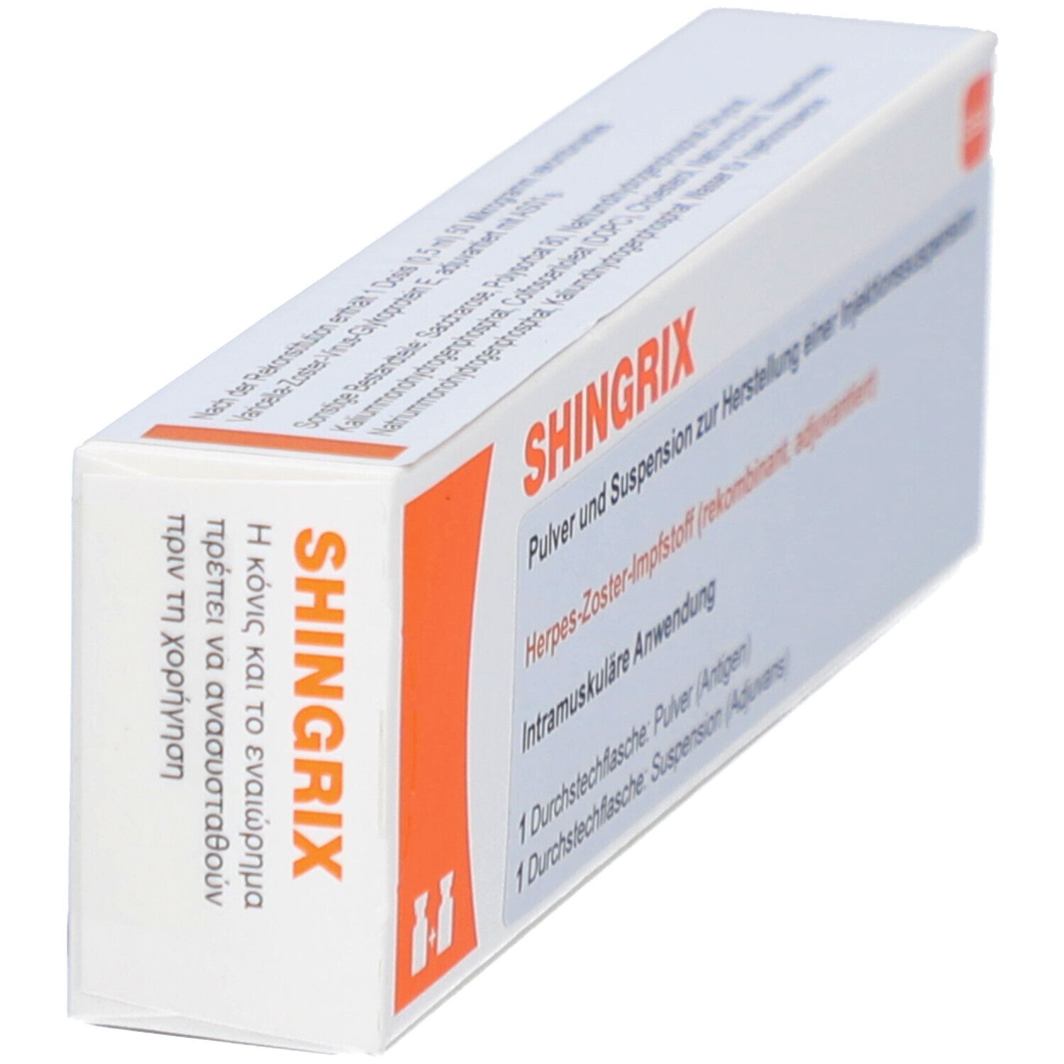 Schachtel SHINGRIX, schräg. Text: Pulver u. Suspension z. Herst.e.Inj.-Susp. Herpes-Zoster-Impfstoff. 1 Durchstechflasche Pulver, 1 Suspension.