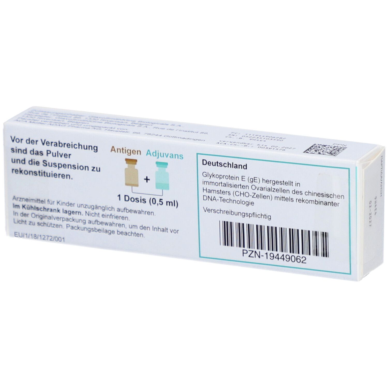 Rückseite der SHINGRIX-Schachtel. Text: 1 Dosis (0,5 ml). Glykoprotein E hergestellt in Hamsterzellen. PZN-19449062. EU1/18/1272/001.