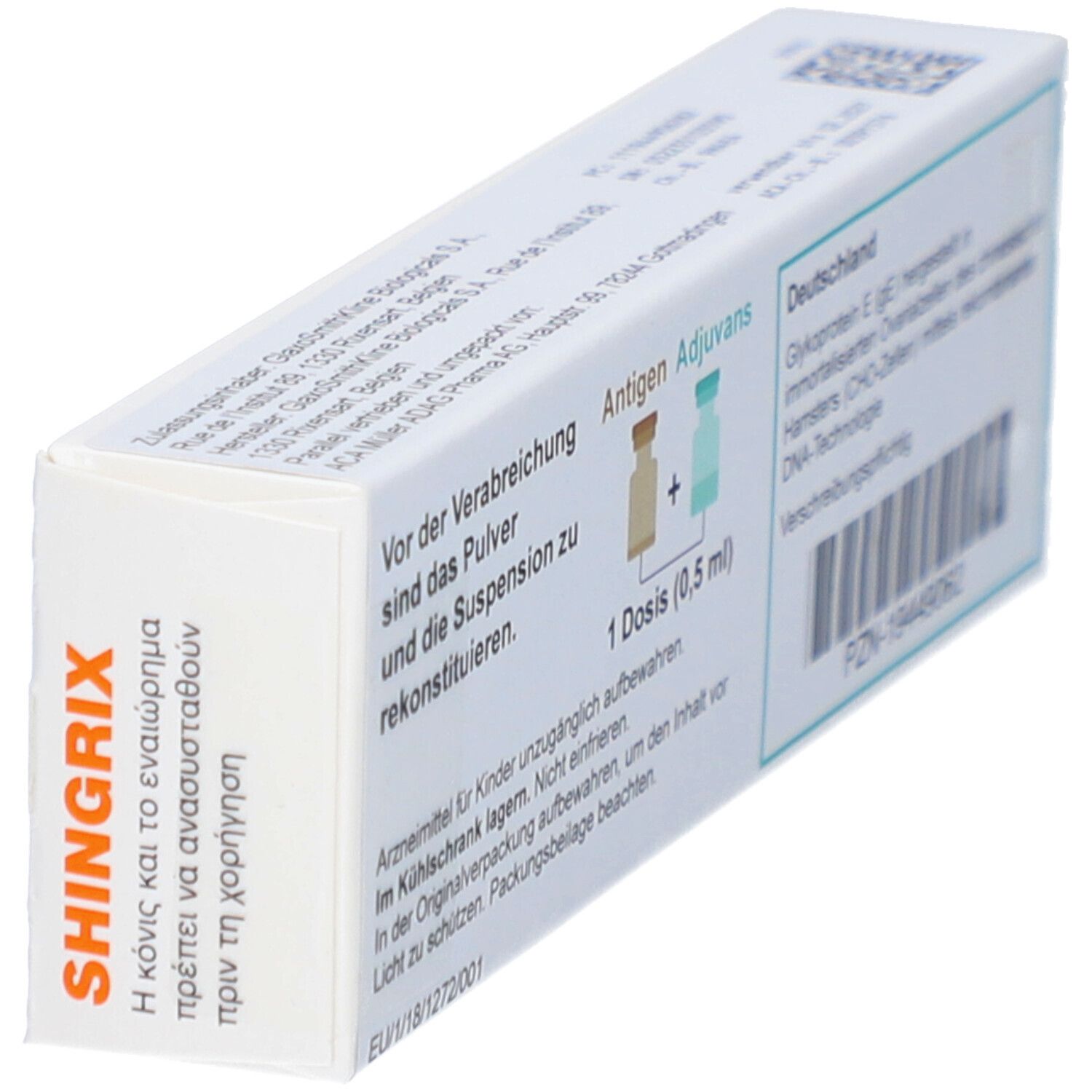 Schachtel SHINGRIX, schräg. Text: 1 Dosis (0,5 ml). Glykoprotein E hergestellt in Hamsterzellen. PZN-19449062. EU1/18/1272/001.