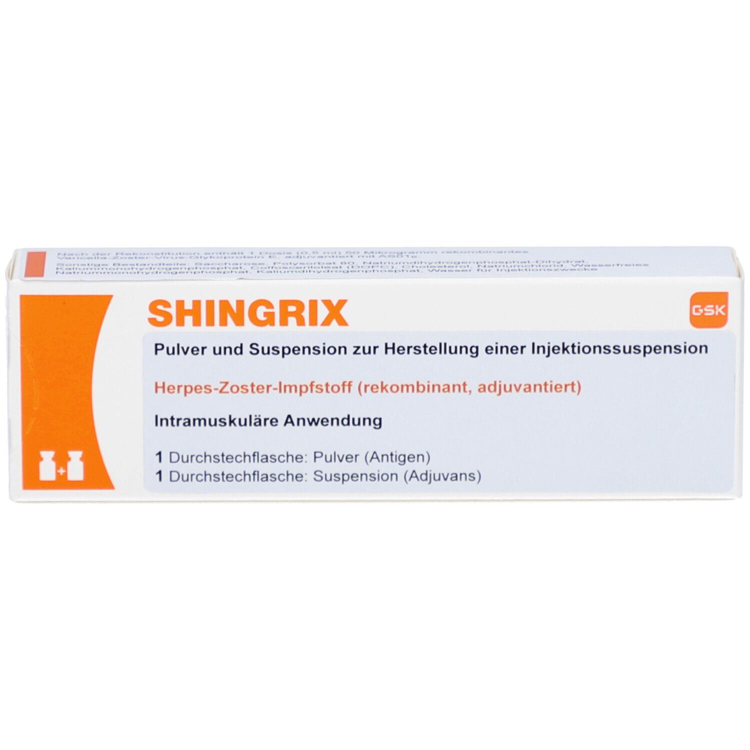 Schachtel mit SHINGRIX. Text: Pulver u. Suspension z. Herst.e.Inj.-Susp. Herpes-Zoster-Impfstoff. 1 Durchstechflasche Pulver, 1 Suspension.