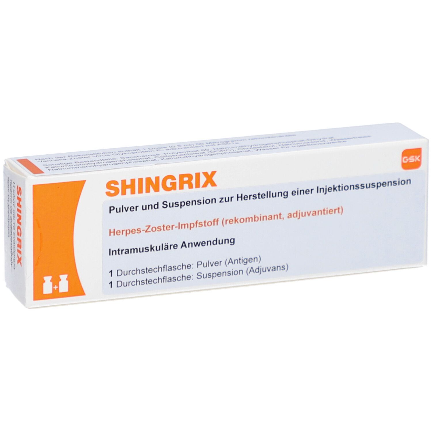 Schachtel mit SHINGRIX. Text: Pulver u. Suspension z. Herst.e.Inj.-Susp. Herpes-Zoster-Impfstoff. 1 Durchstechflasche Pulver, 1 Suspension.